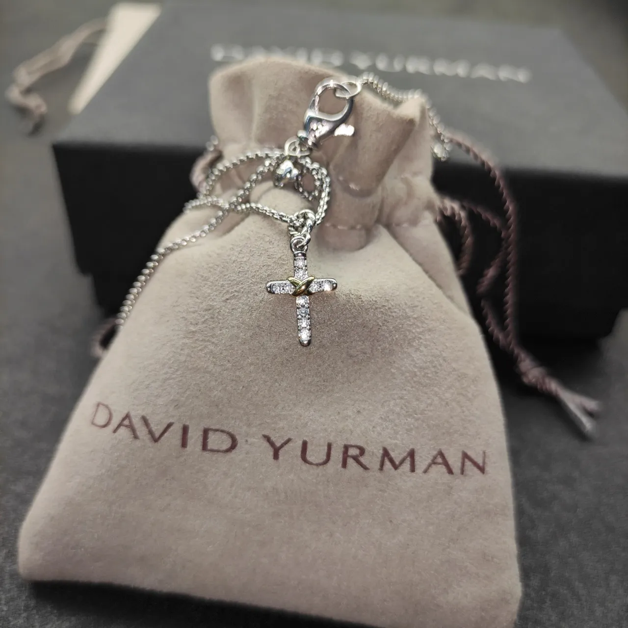 Tiffany & Co. Return to Silver Gold Pavé-Diamond Cross Two-Tone Metal Necklace