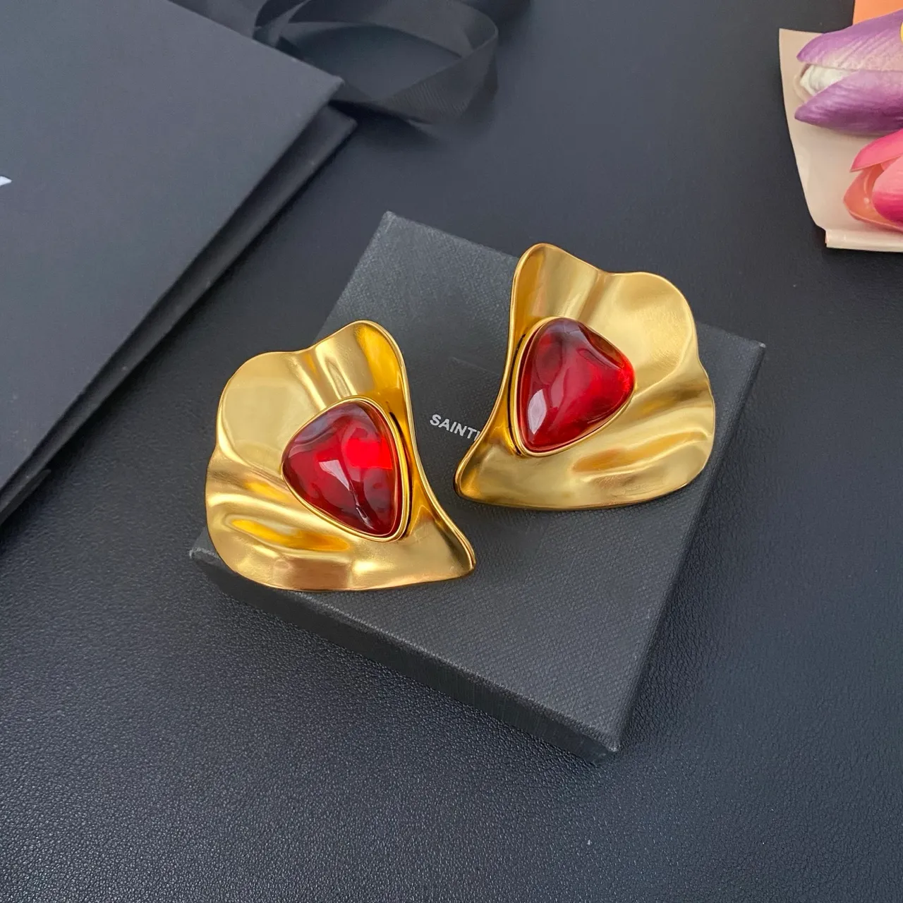 Saint Laurent Gold Green Sculptural Petal-Shaped Metal Frames Teardrop Cabochon Resin Stones Earrings