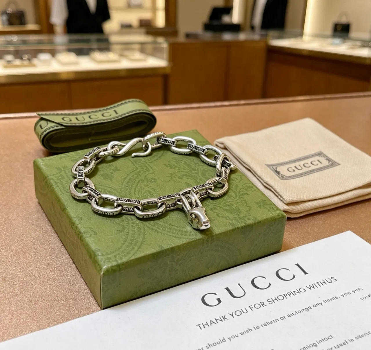 Gucci Iconic Snake Chain Engraved Silver Bracelet