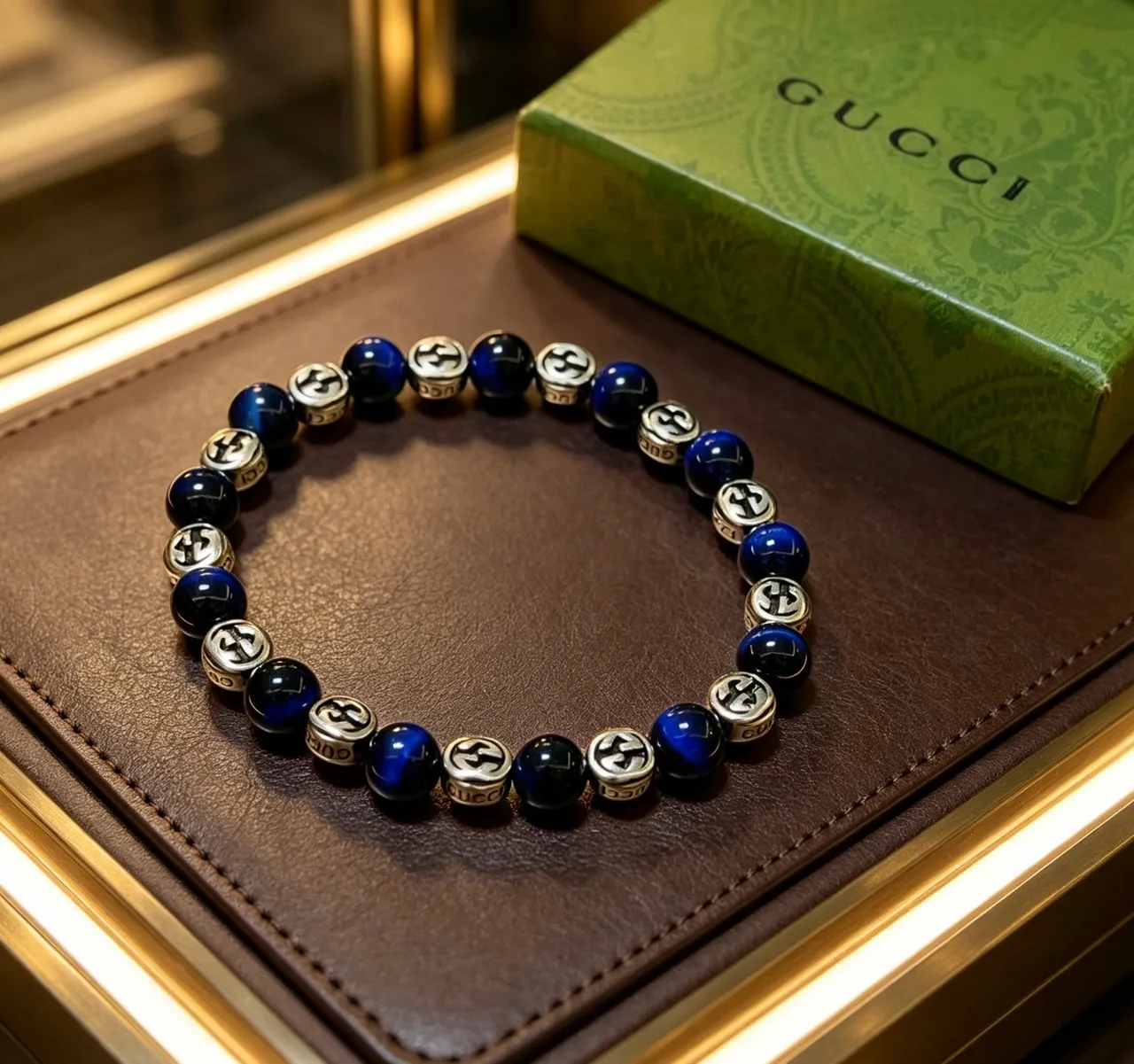 Gucci Blue Silver Beaded Interlocking G Logo Bracelet