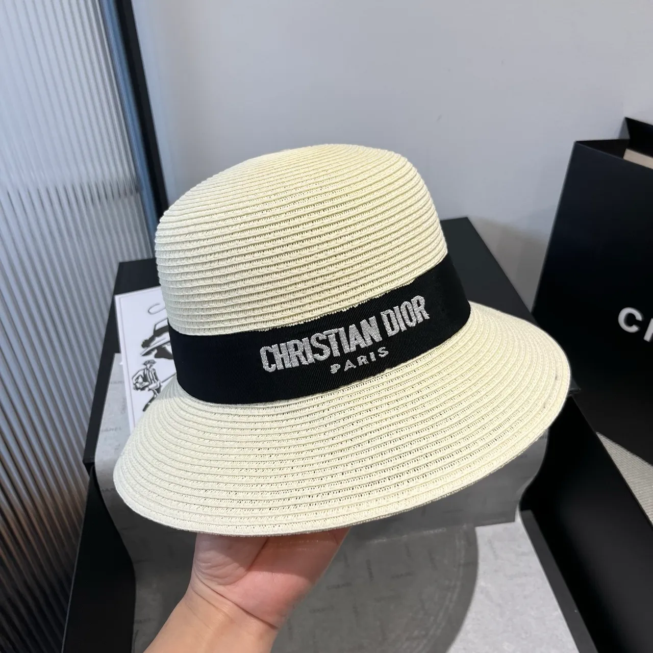 Dior Beige Black Woven Straw-Like Texture Structured Ribbed Crown Fedora