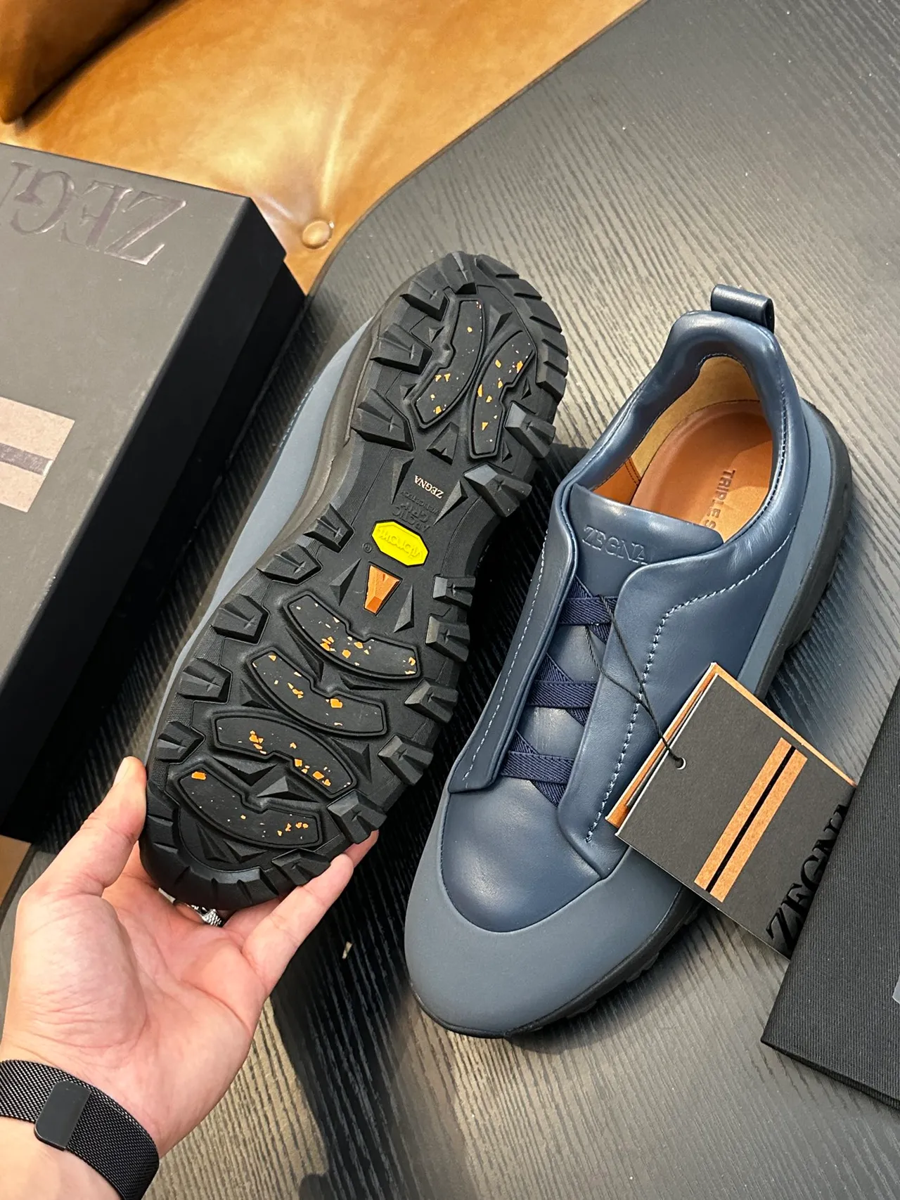 Zegna Blue Black Slip-On Construction Leather Upper Lifestyle Sneakers