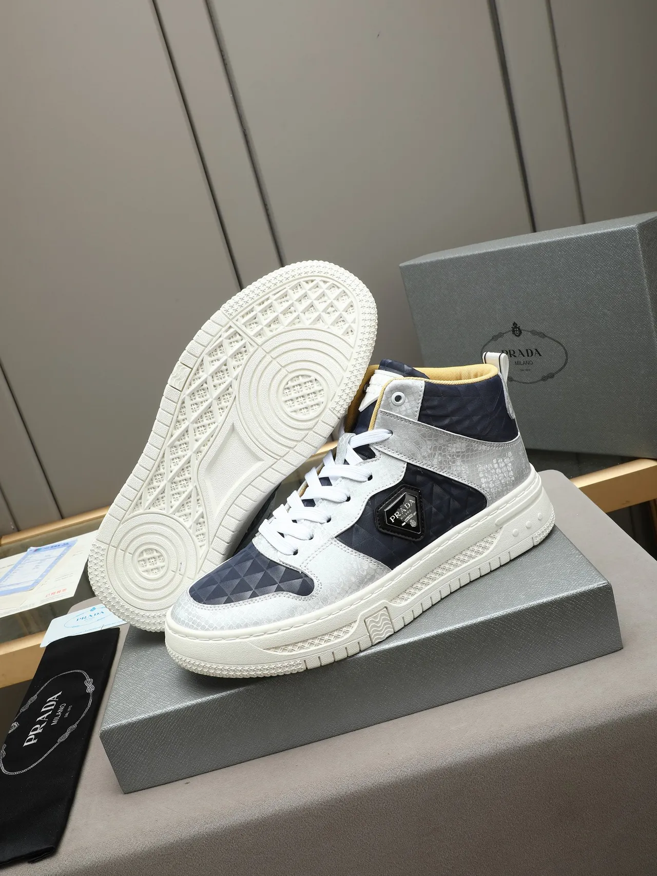 Prada White Navy High-Top Quilted Panels Sneakers