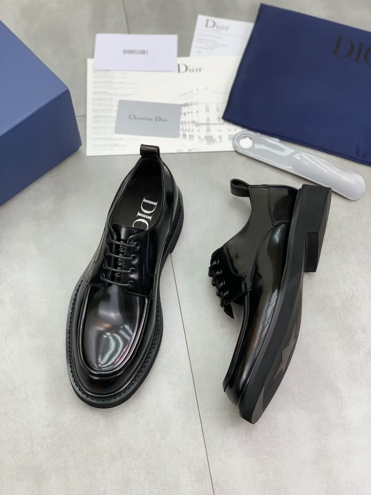 Dior Black Glossy Patent Leather Chunky Platform Sole Derby Shoes