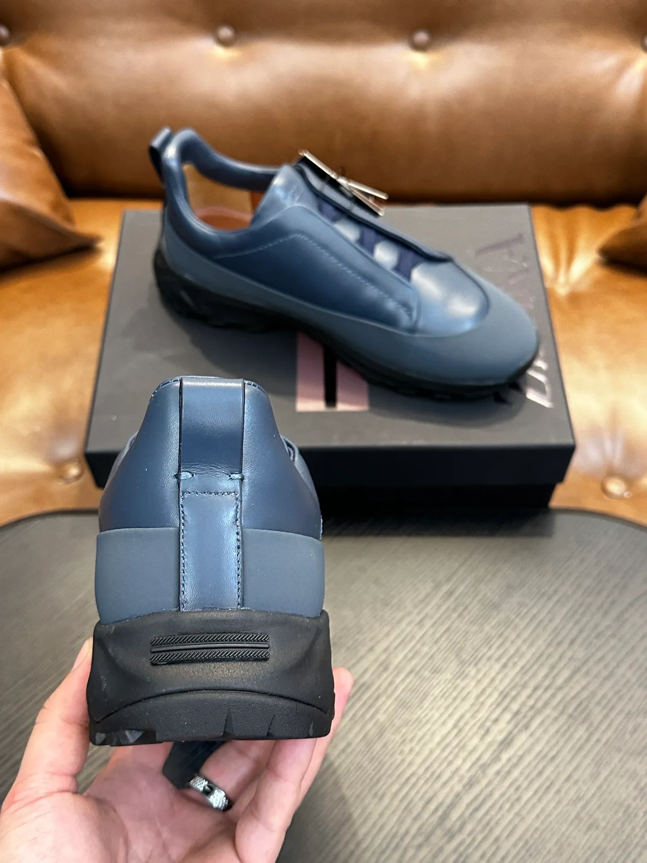 Zegna Blue Black Slip-On Construction Leather Upper Lifestyle Sneakers