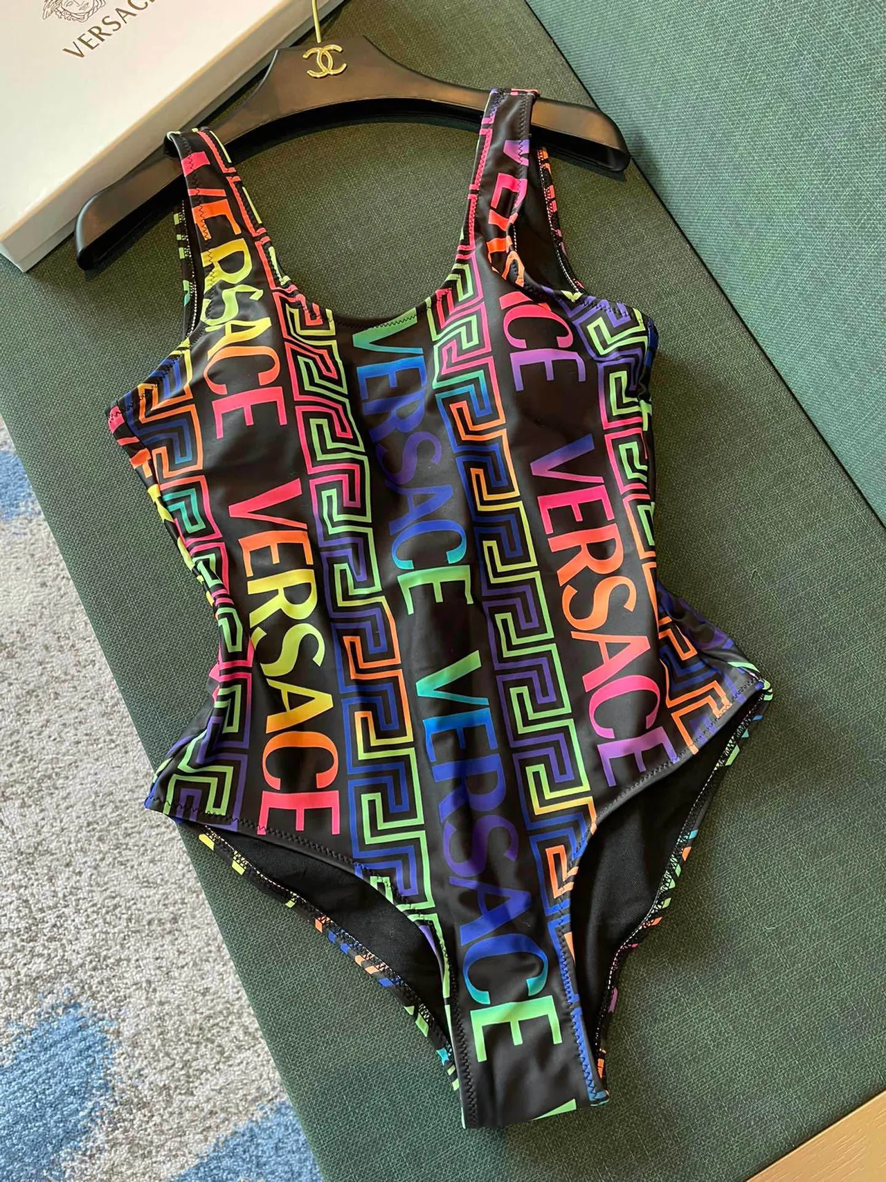 Versace Black Multicolor Square-Neck Thin-Strap Swimwear