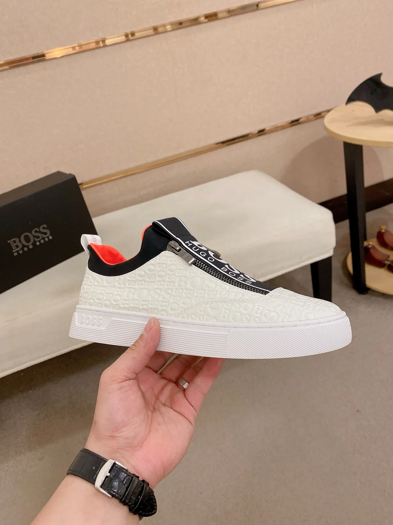 Hugo Boss White Black Embossed Logo Upper Zipper-Closure Slip-On Sneakers
