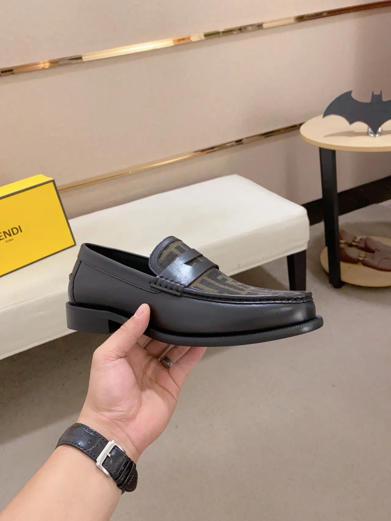 Fendi Black Brown Leather FF Monogram Canvas Loafer