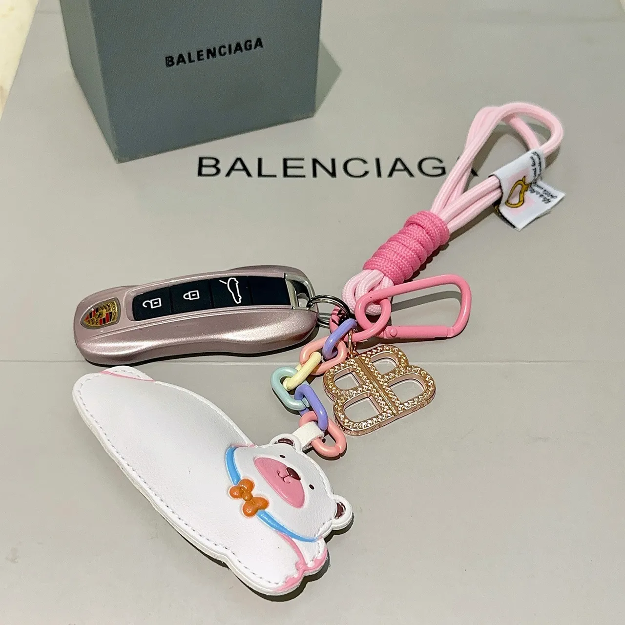 Balenciaga White Pink Leather Bear Charm Pastel Multicolor Chain Handbag
