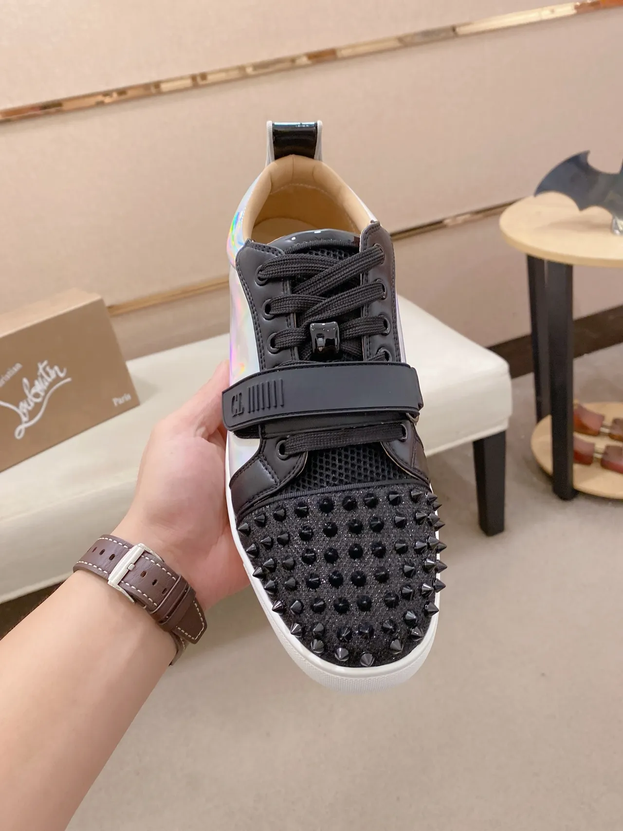 Christian Louboutin Spiked Toe Holographic Strap Lifestyle Sneaker