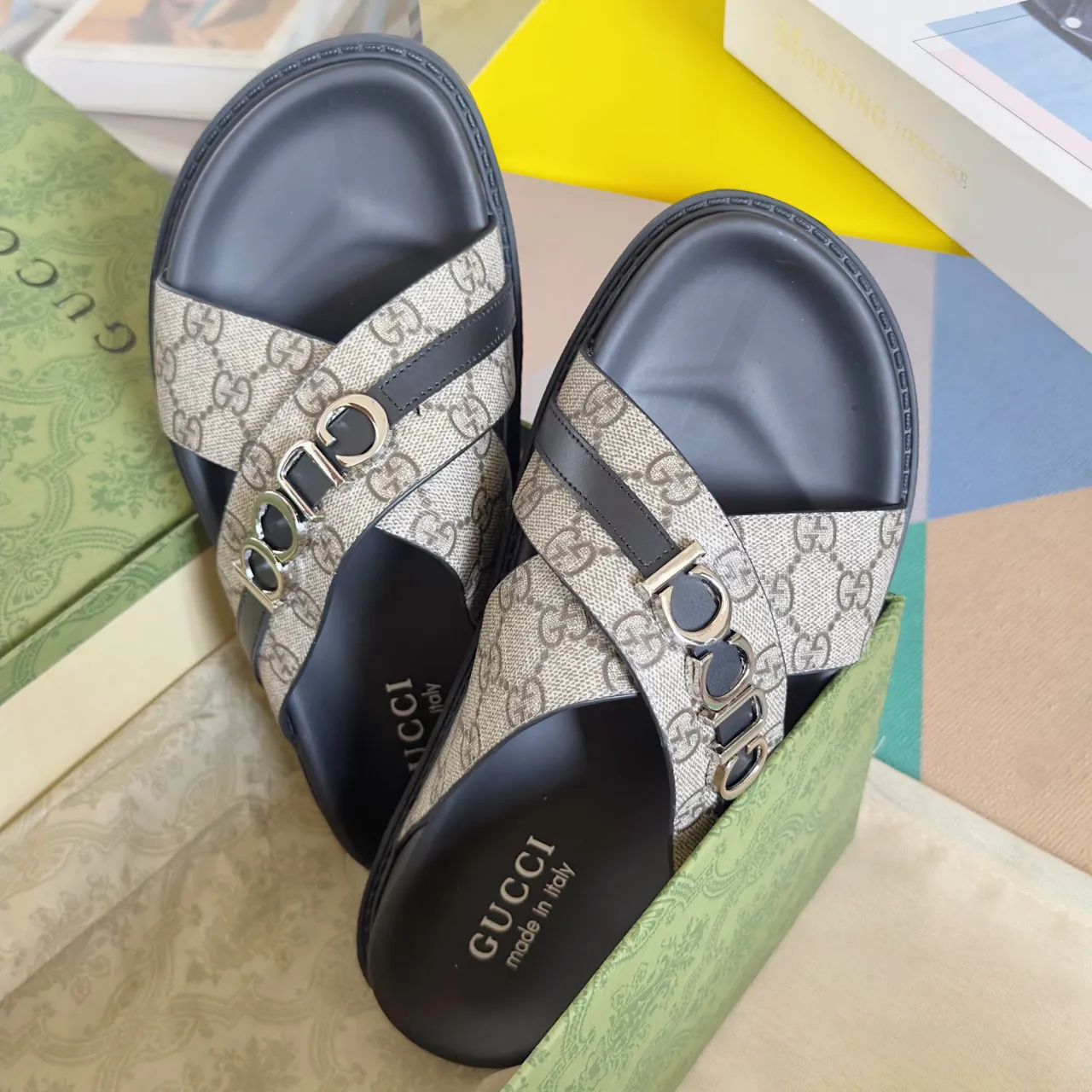 Gucci Ophidia Black Gold Embossed GG Monogram Interlocking G Buckles Casual Sandals