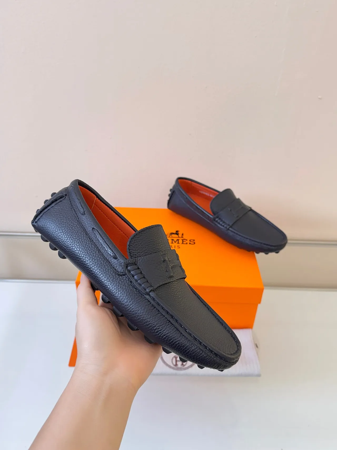 Hermès Oran Black Orange Pebbled Leather Braided Trim Loafer