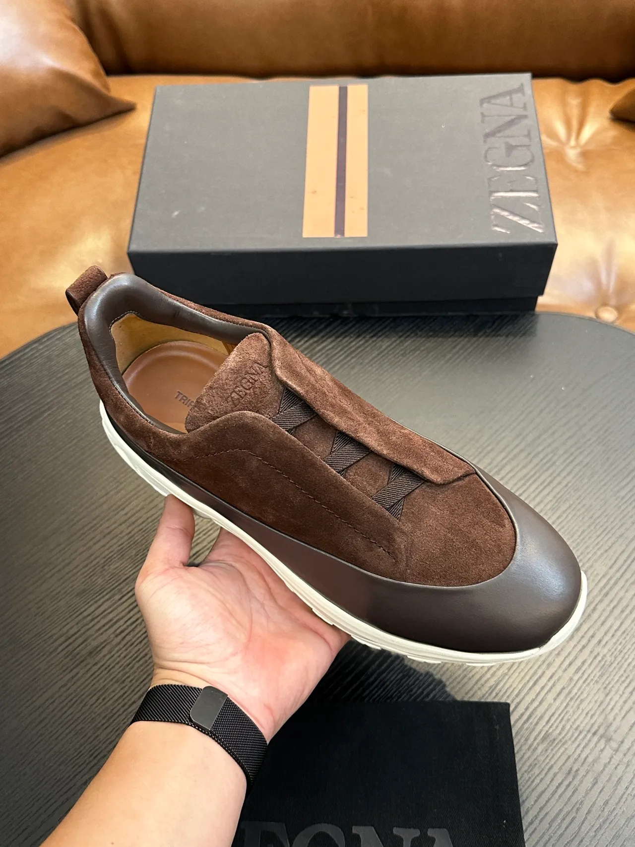 Zegna Brown Suede and Leather Slip-On Lifestyle Sneaker