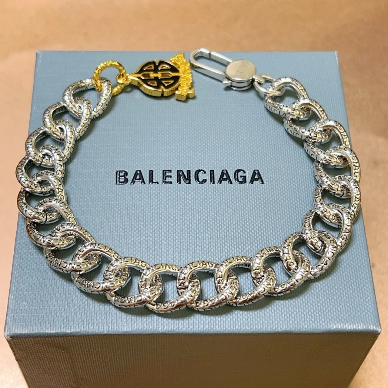 Balenciaga Logo Chain Silver Gold Chunky Oval-Link Engraved Brand Lettering Bracelet