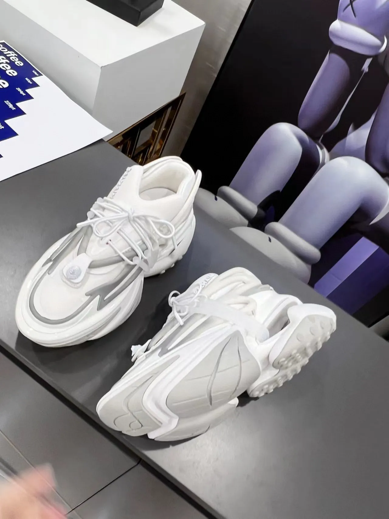 Balmain White Gray Sculpted Sole Asymmetrical Lacing Chunky Sneakers