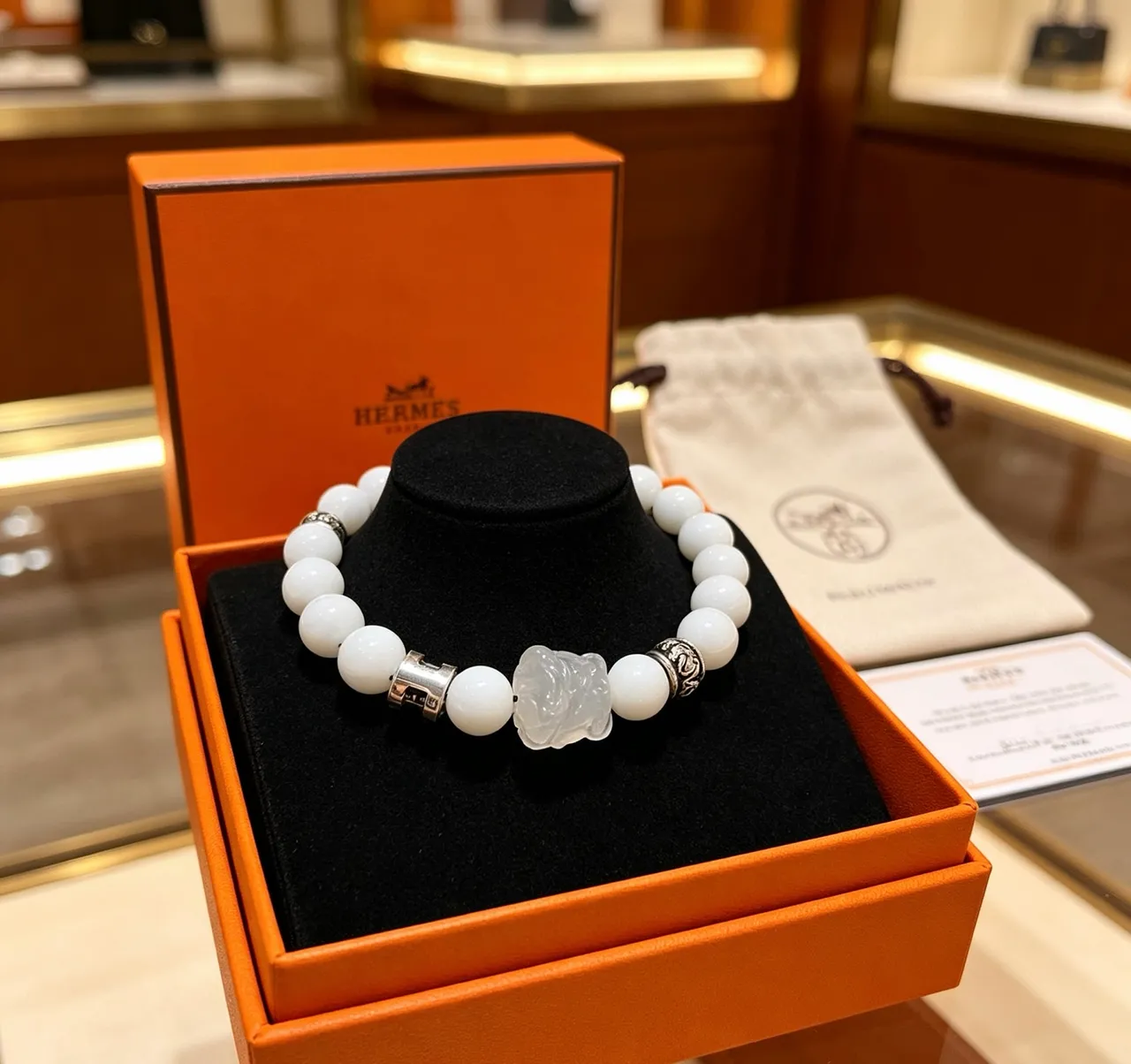 Hermès White Silver Stone Beads Metal Accents Bracelet