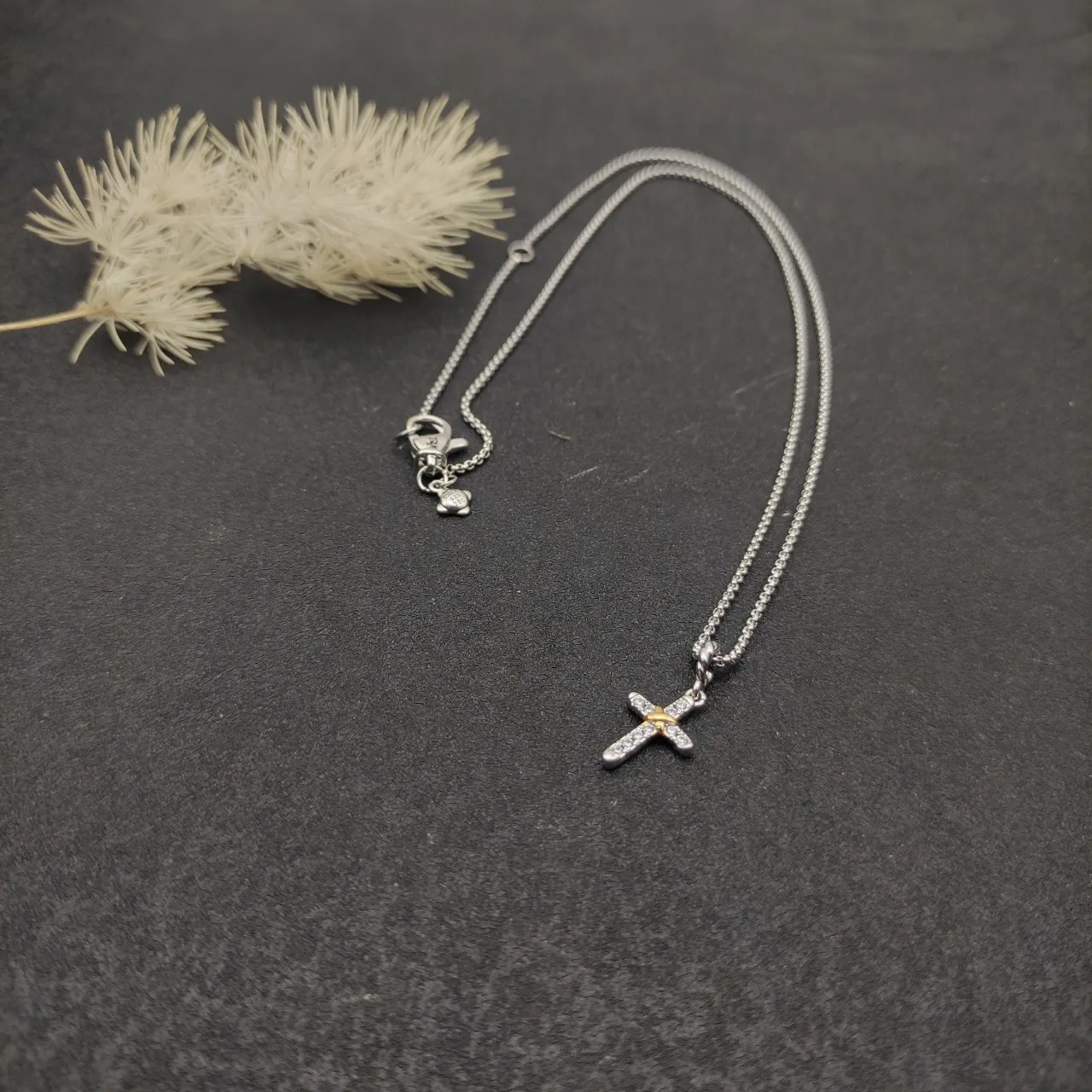 Tiffany & Co. Return to Silver Gold Pavé-Diamond Cross Two-Tone Metal Necklace
