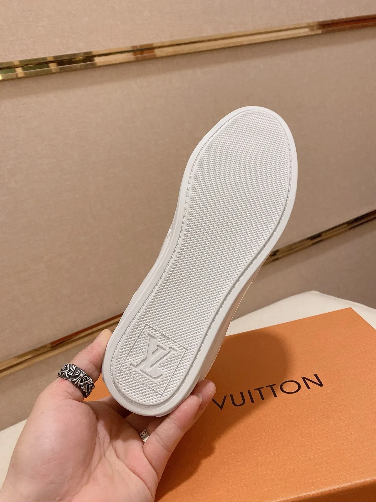 Louis Vuitton LV Trainer White Gold Monogram-Embossed Leather Suede Toe Cap Lifestyle Sneakers