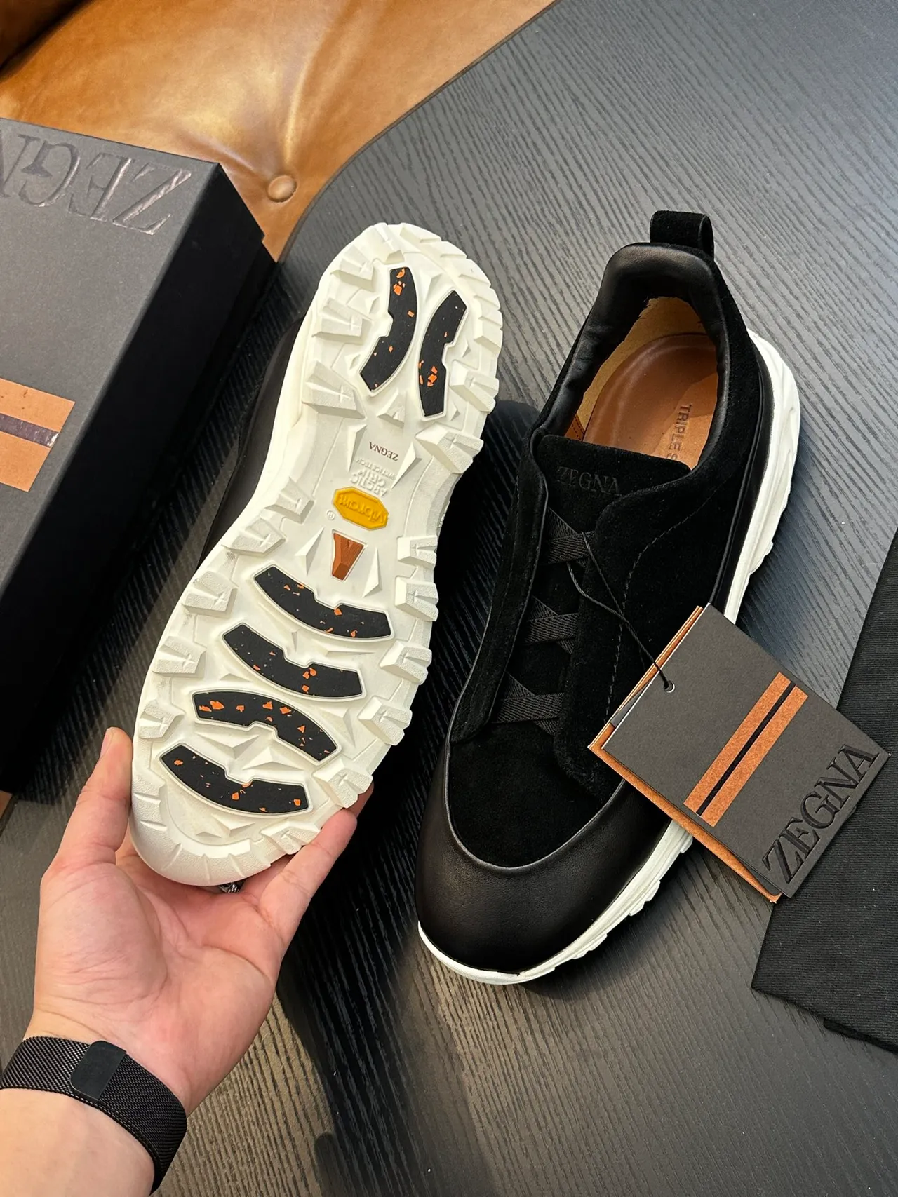 Zegna Black White Slip-On Construction Suede And Leather Upper Sneakers