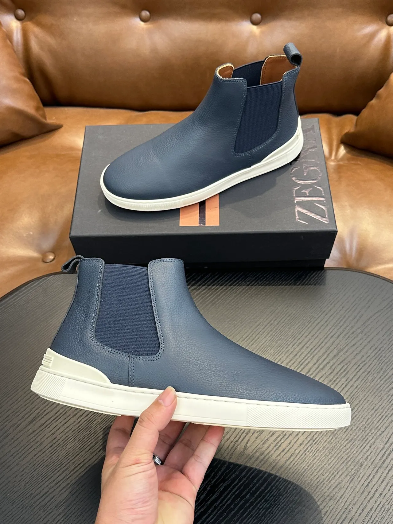 Zegna Blue White Textured Leather Upper Navy Elastic Side Gusset Chelsea Boots