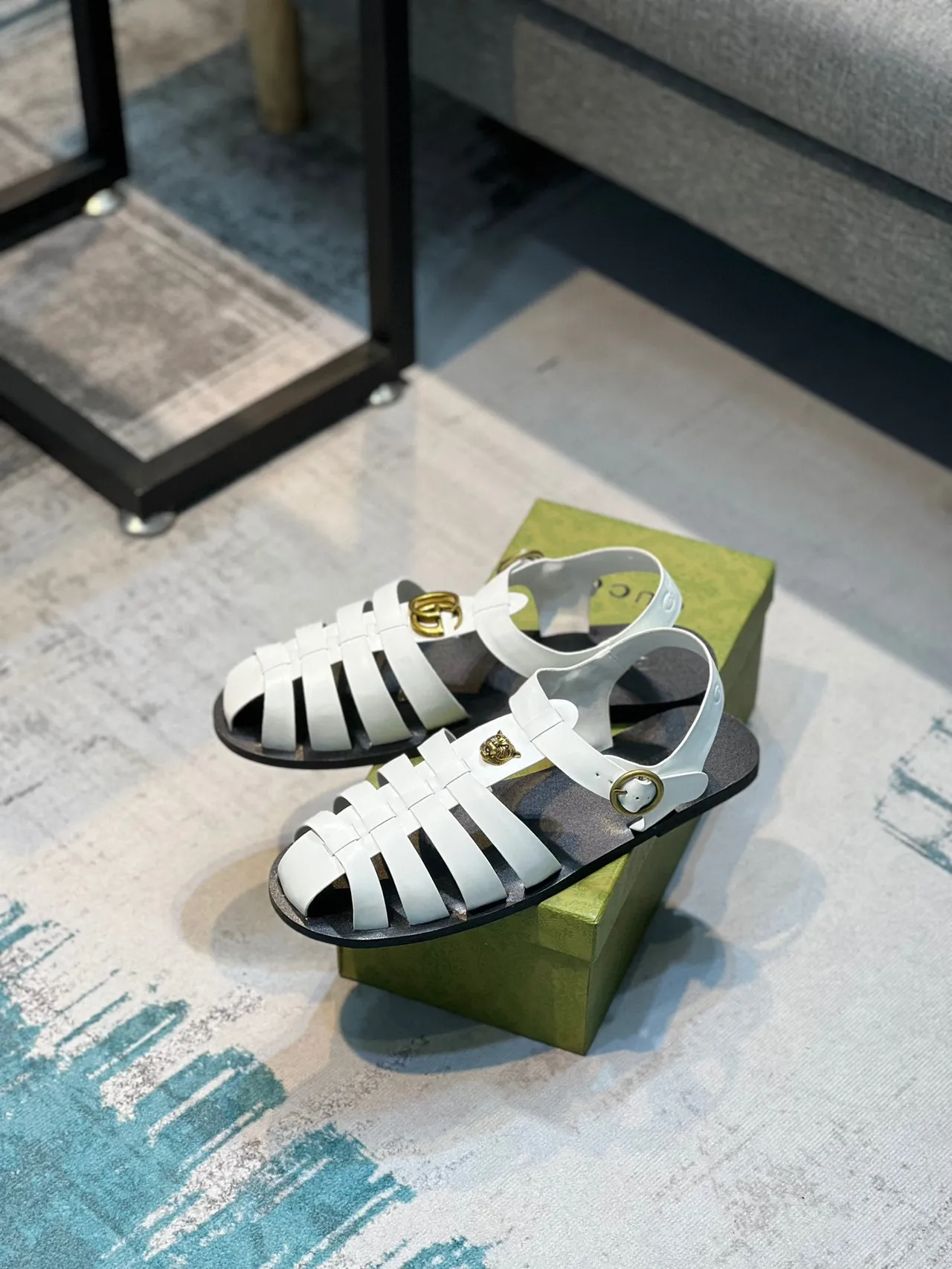 Gucci Gladiator Sandal White Gold Leather Strap Design Gladiator Sandals