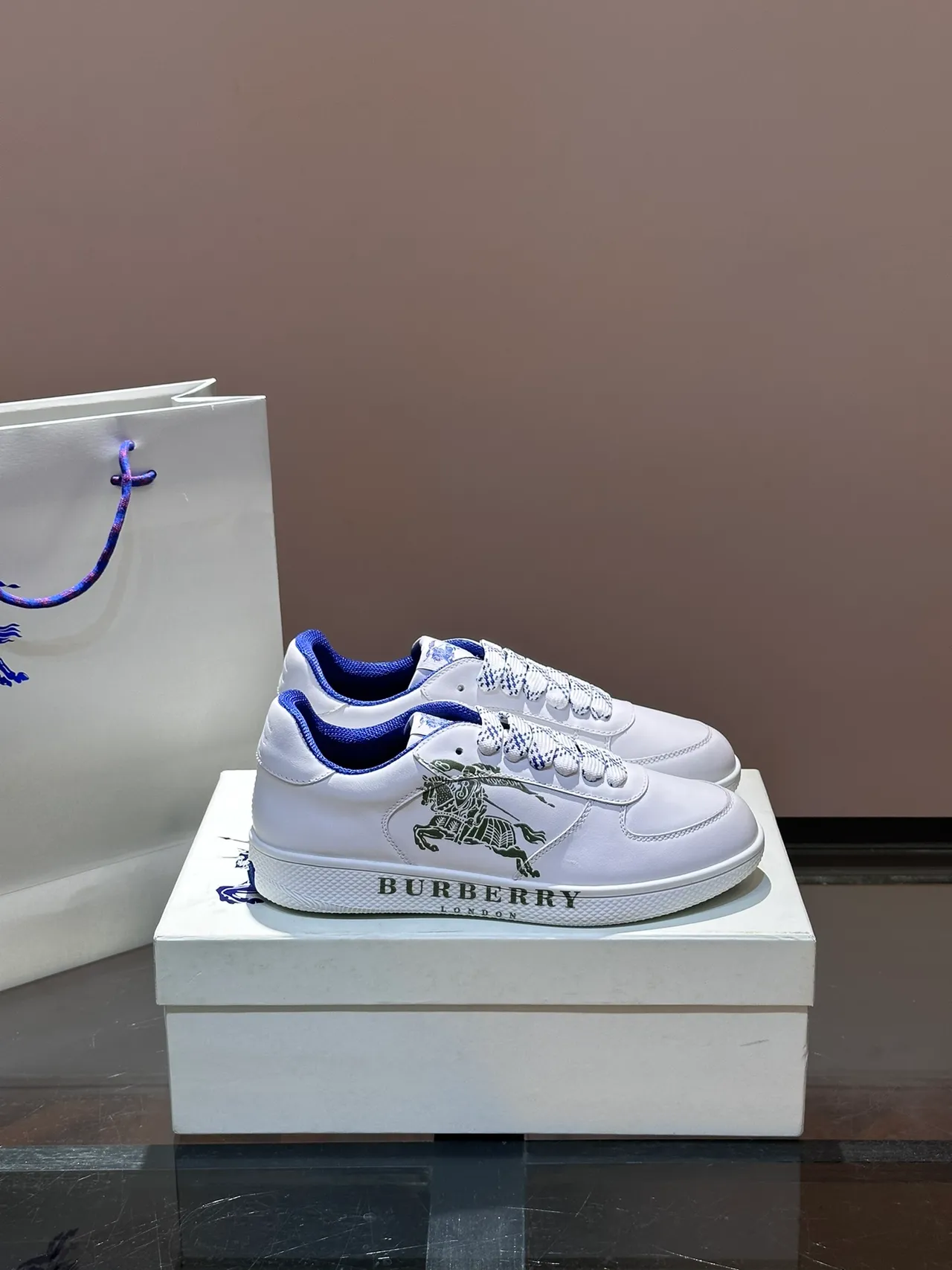Burberry Knight White and Blue Leather Lifestyle Sneakers
