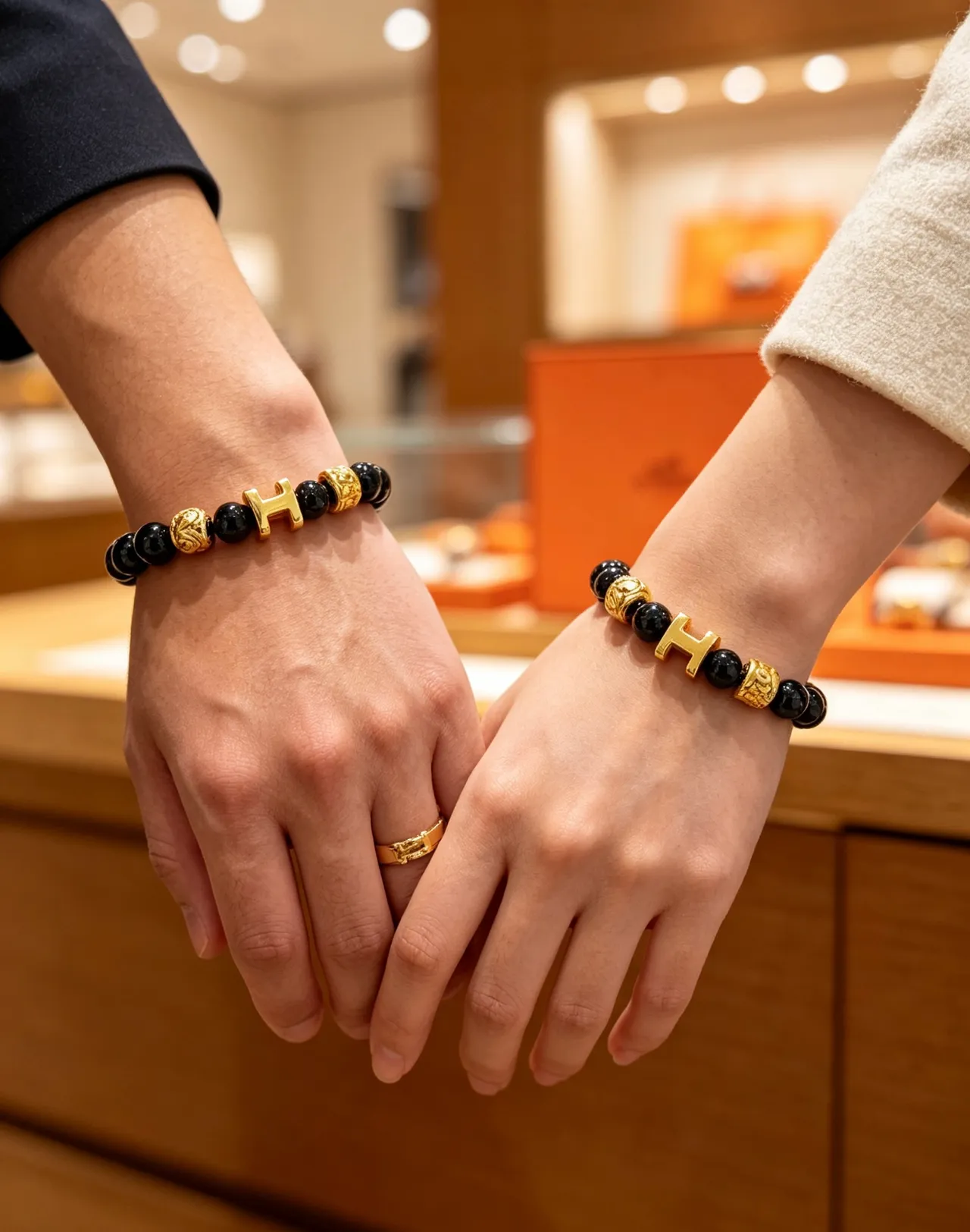 Hermès H Collection Black Onyx and Gold-Tone Beaded Bracelet