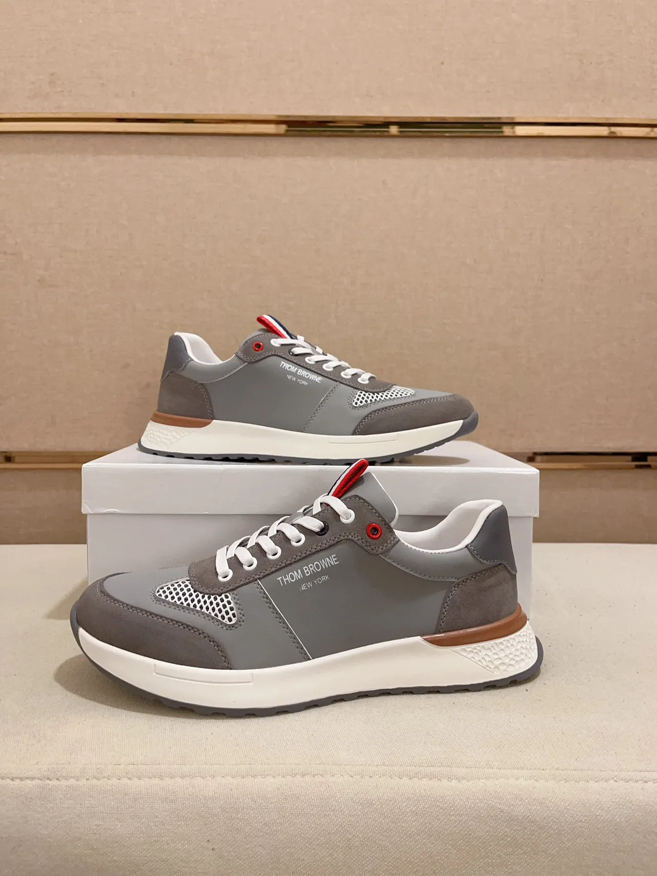 Thom Browne Gray White Mixed-Material Upper Mesh Ventilation Panel Sneakers