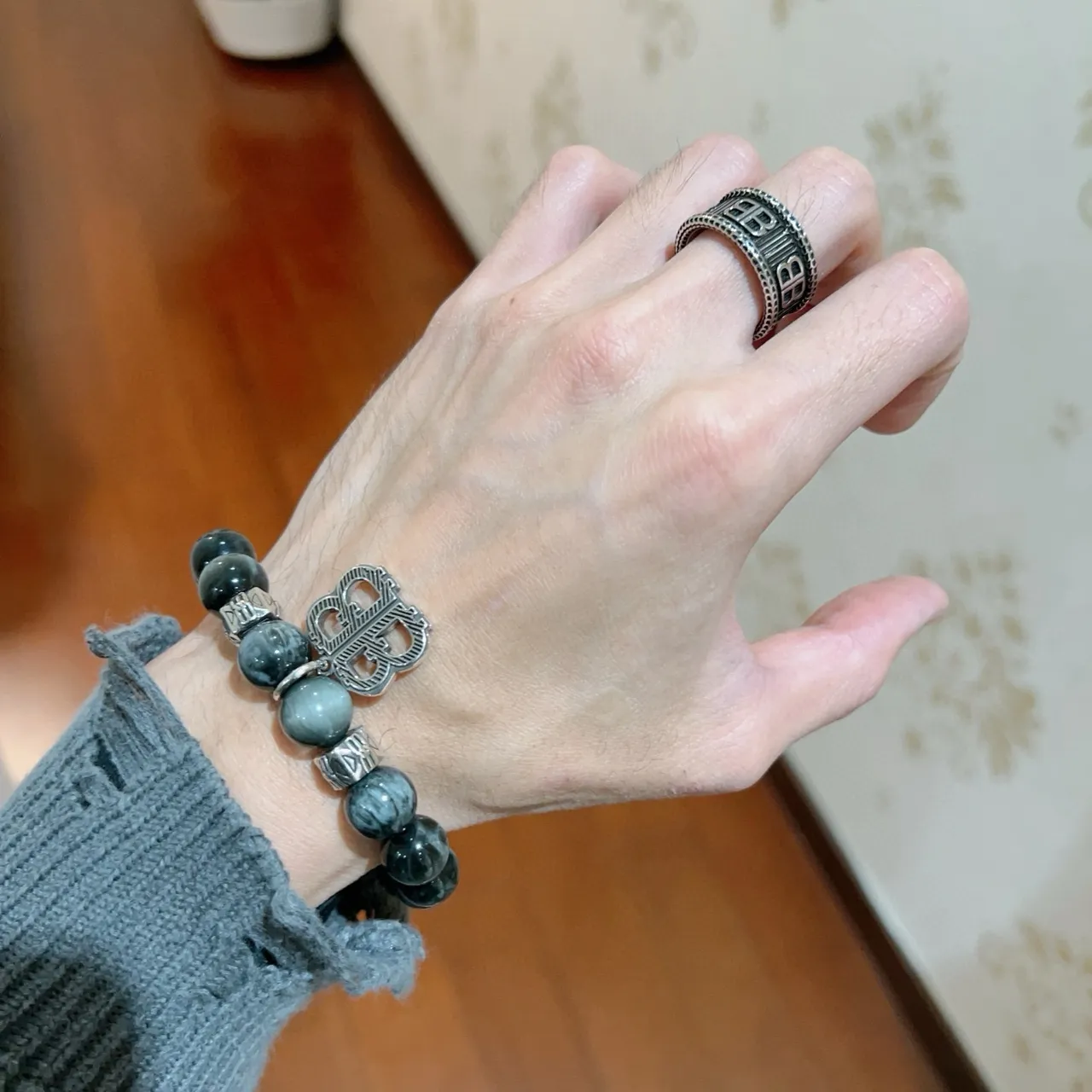 Balenciaga BB Ring Silver and Black Enamel Wide Band Ring