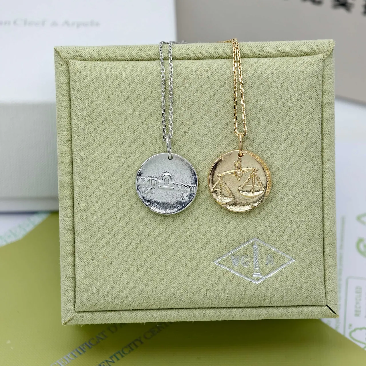 Van Cleef & Arpels Zodiac Silver Gold Circular Disc Pendants Engraved Motifs Necklace