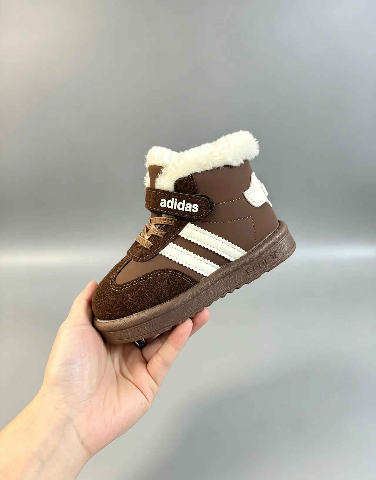 Adidas Brown White Fur-Lined Collar Three-Stripe Side Panel Snow Boots