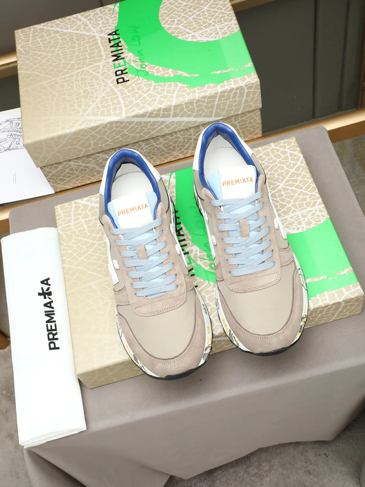 Premiata Beige Blue Retro Runner Silhouette Suede And Textile Upper Sneakers