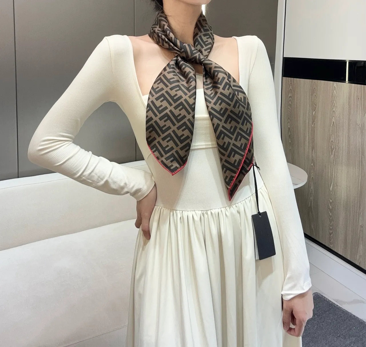Fendi Zucca Beige Red Ribbed Knit Bodice Flowing A-Line Skirt Casual Dress