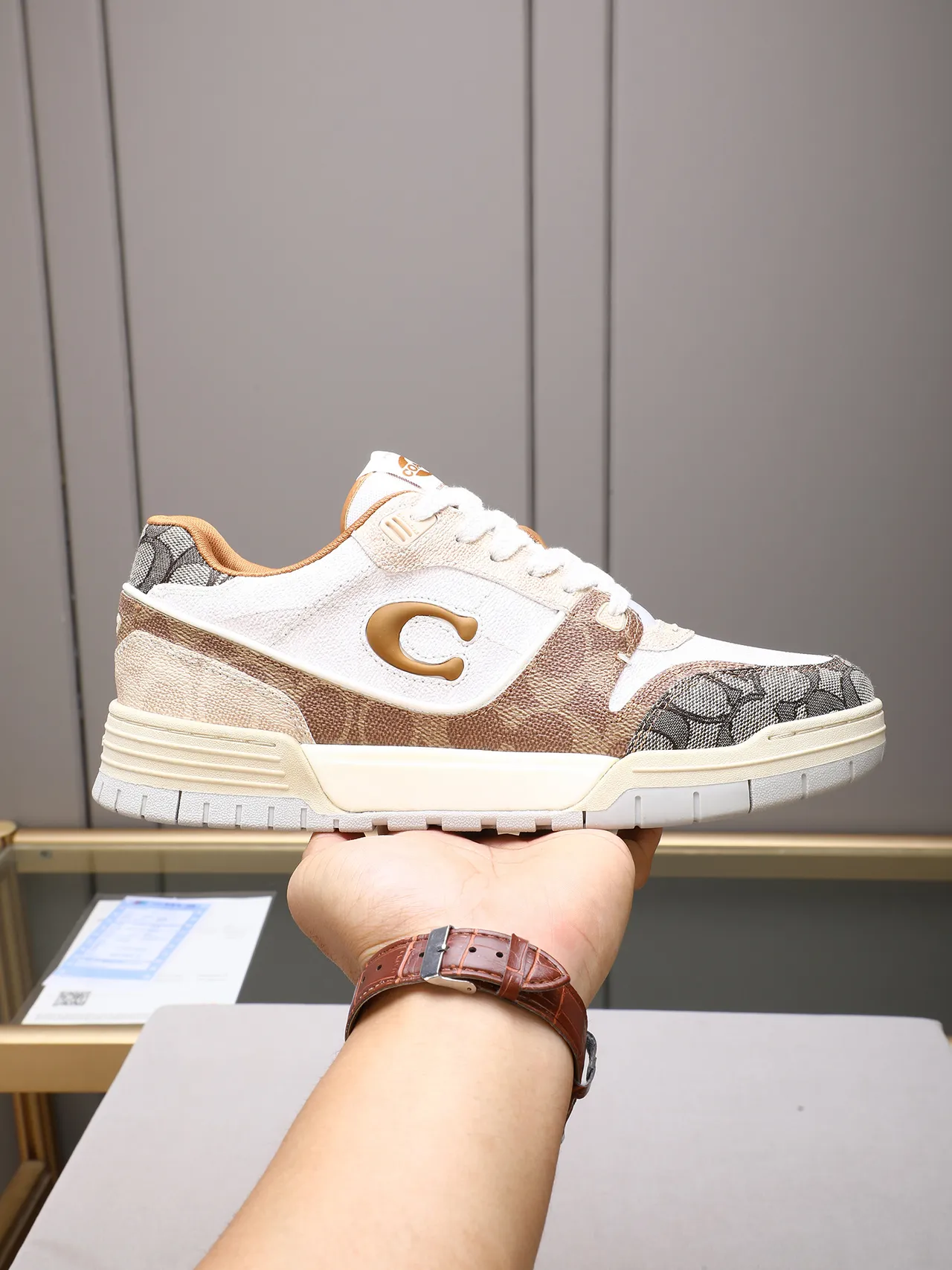 Coach Rascal Beige Brown Low-Top Monogram Jacquard Lifestyle Sneakers