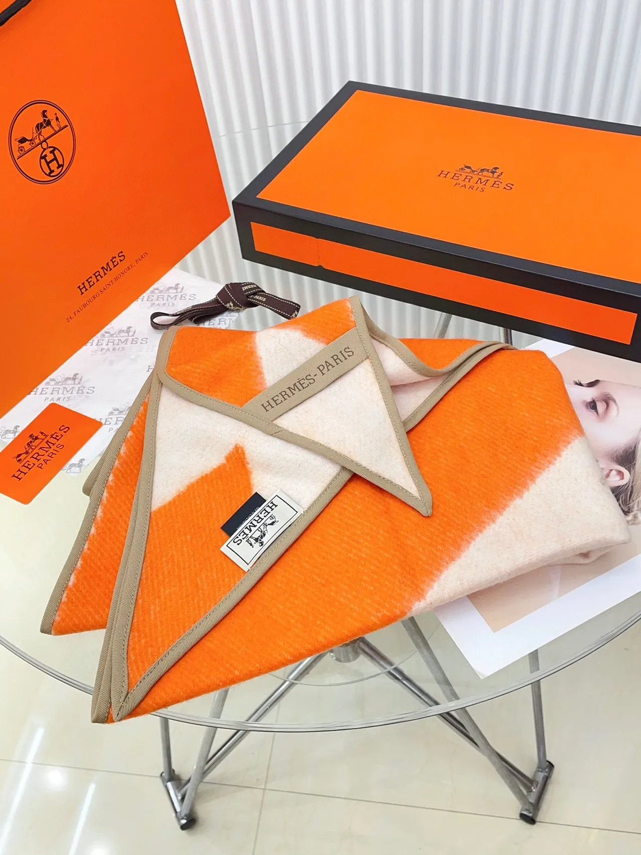 Hermès Orange Beige Geometric Patterned Wool-Blend Texture Shawl