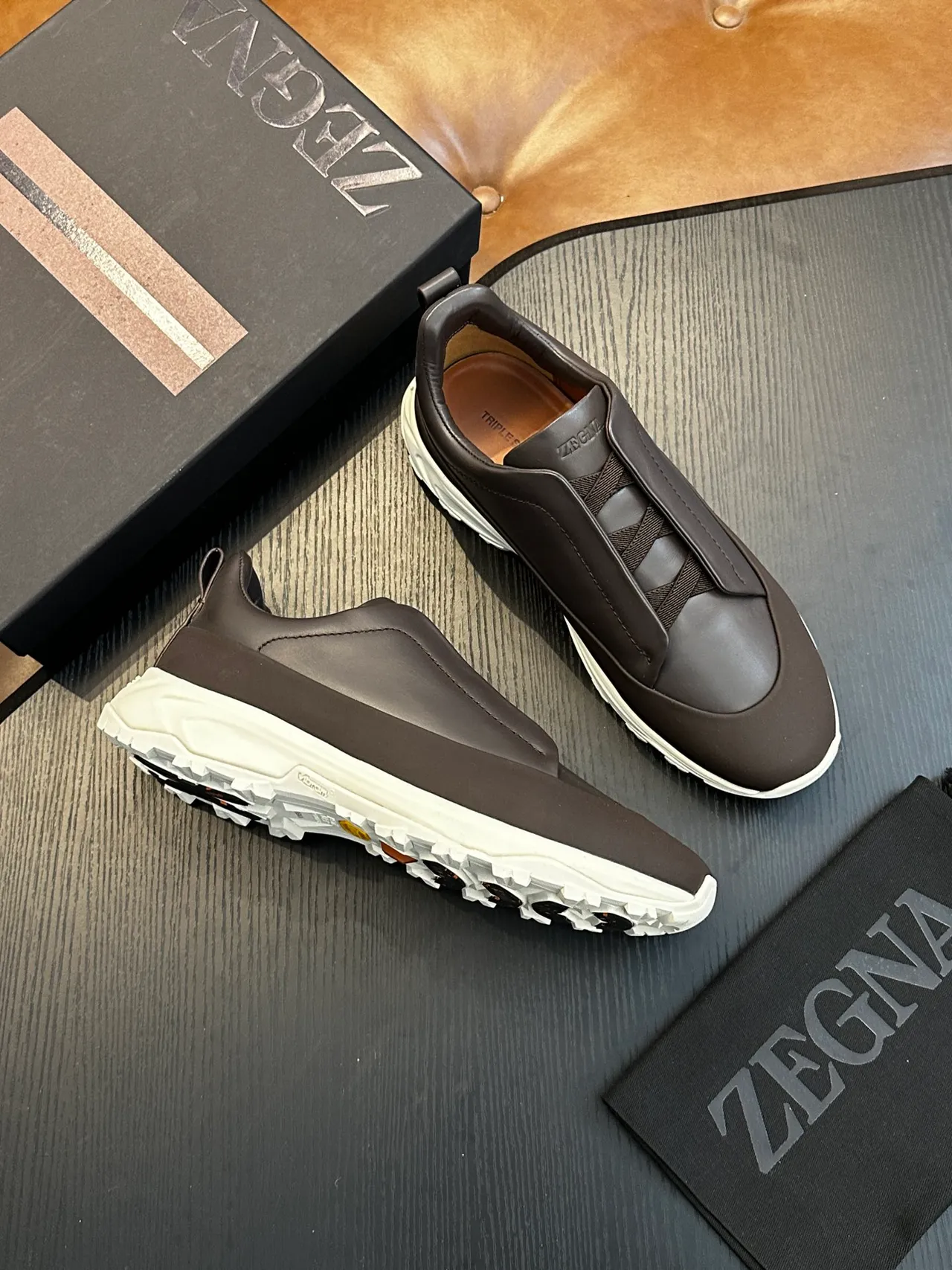Zegna Brown White Slip-On Leather Upper Lifestyle Sneakers