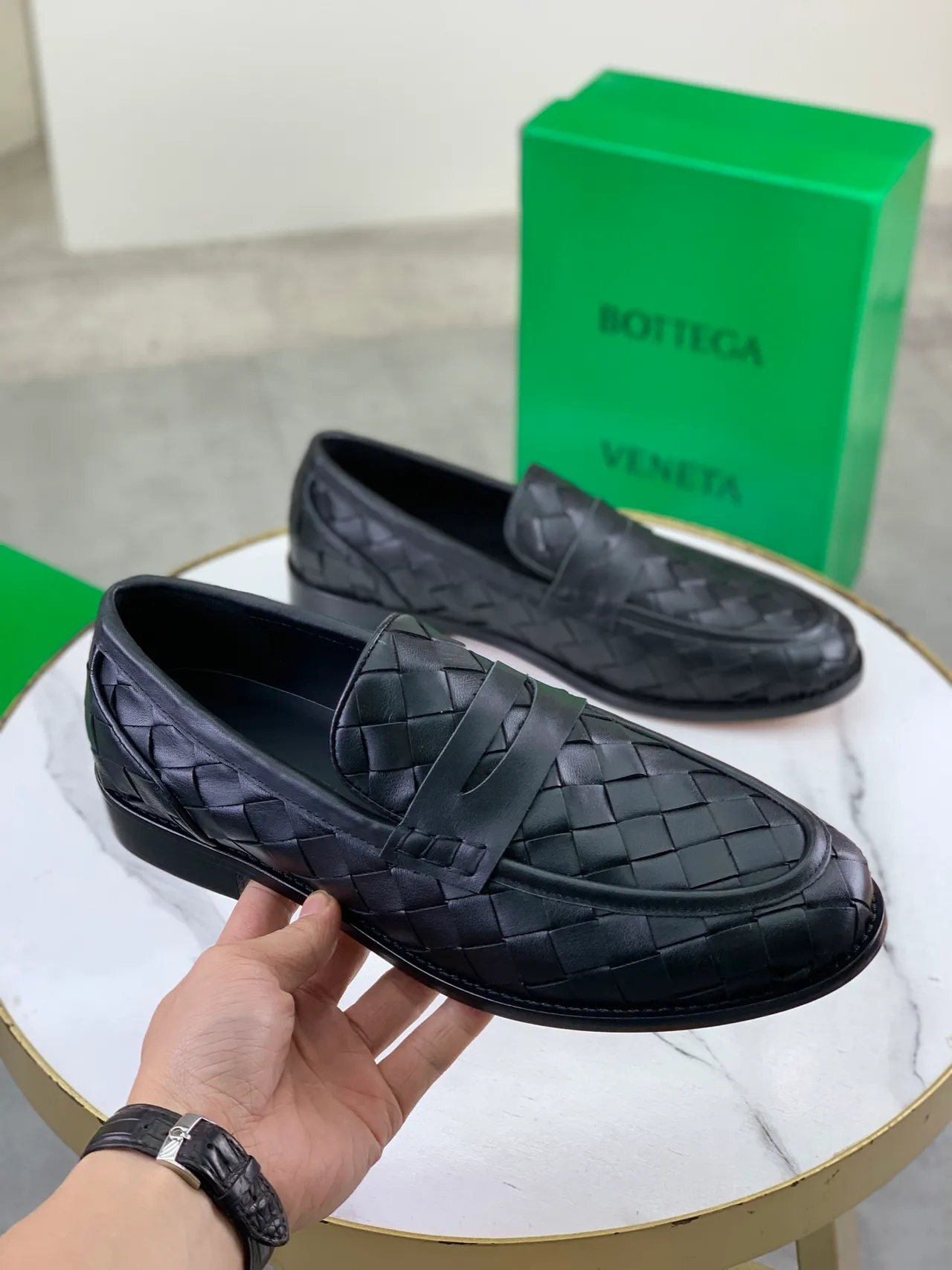 Bottega Veneta Cassette Loafer Black Woven Leather Loafers