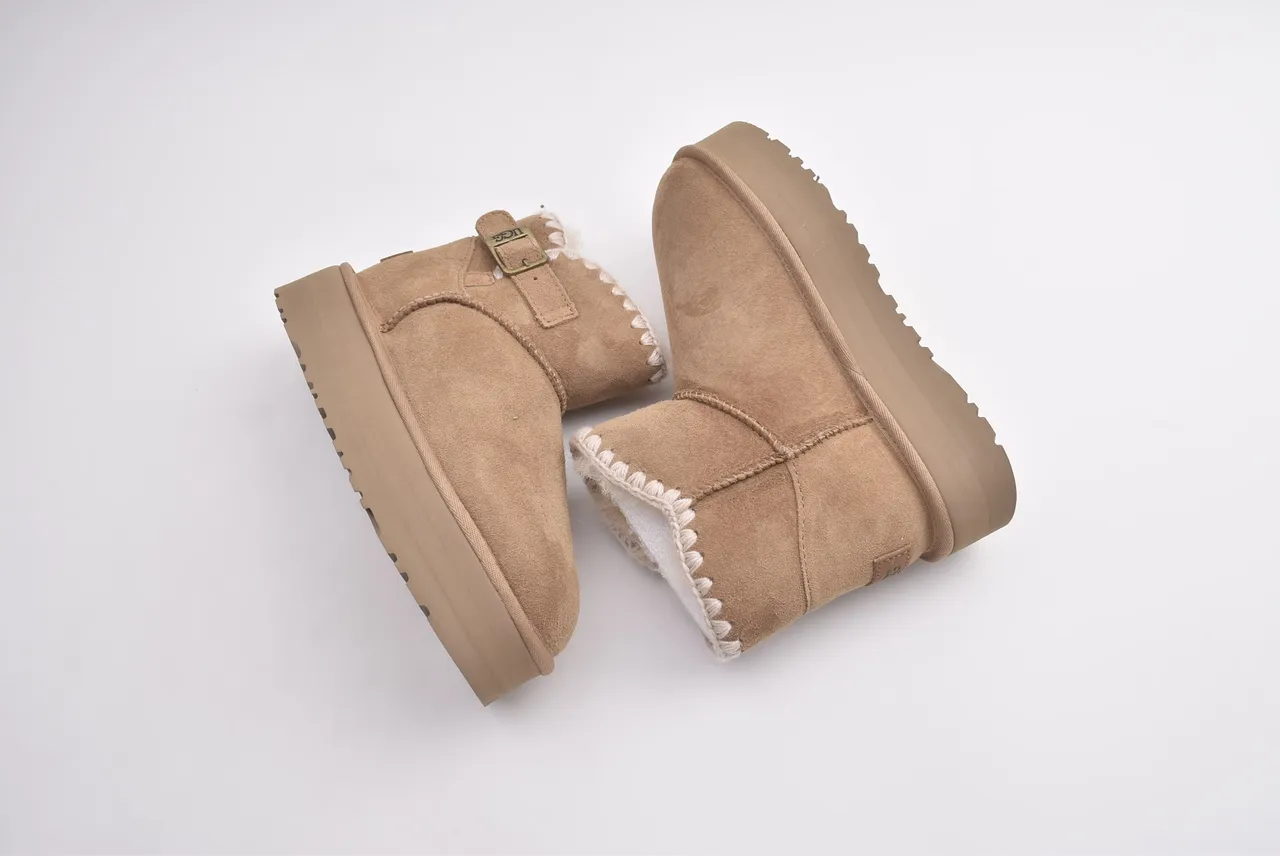 UGG Tasman Tan Suede Shearling-Trimmed Platform Snow Boots