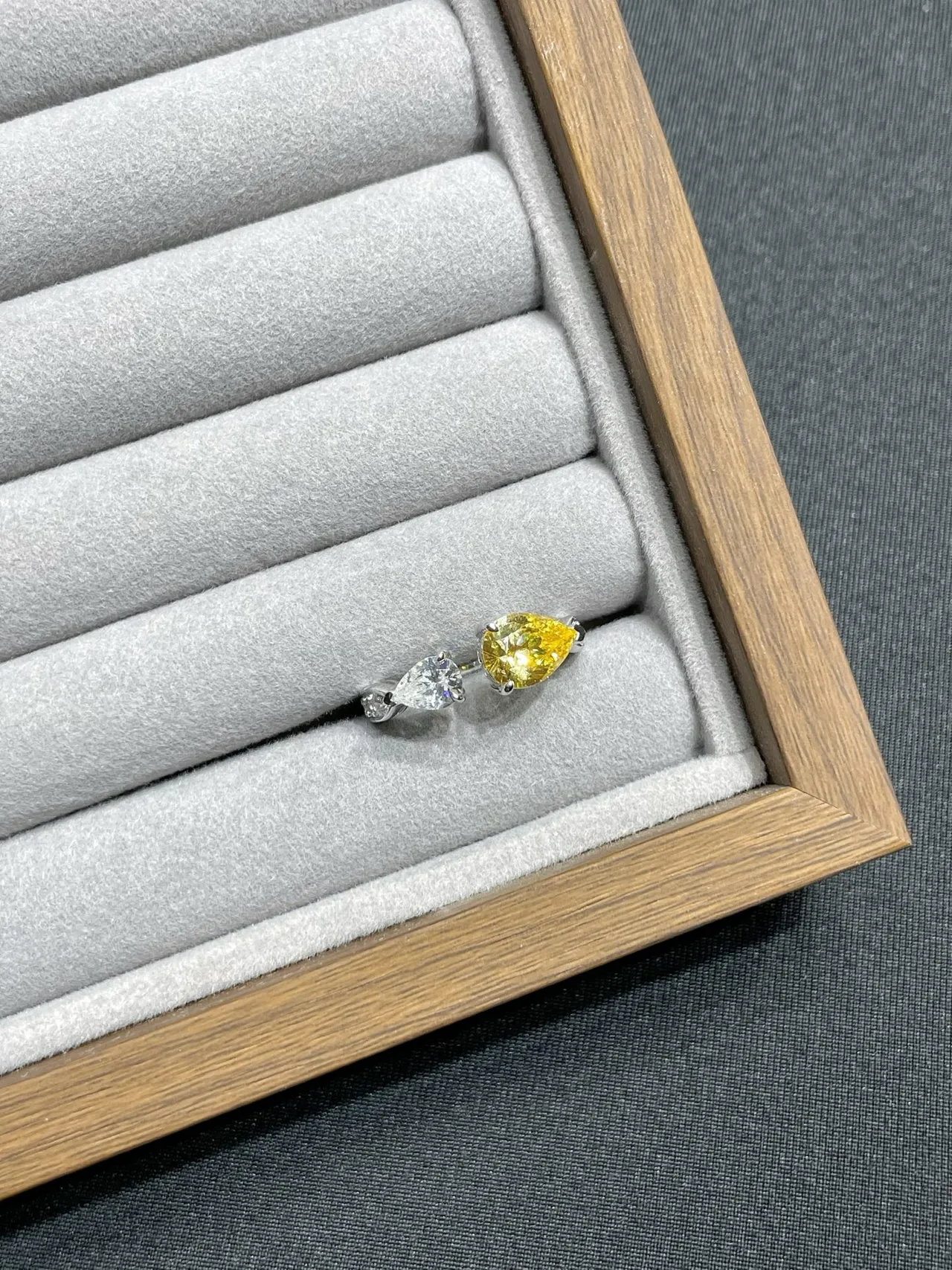 Yellow and Clear Pear-Cut Dual-Stone Asymmetrical Rings