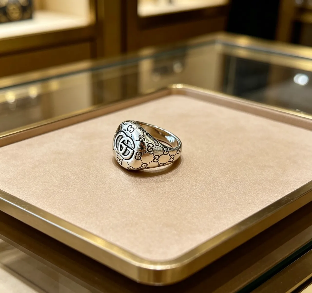 Gucci Silver Black Monogram-Engraved Signet-Style Ring