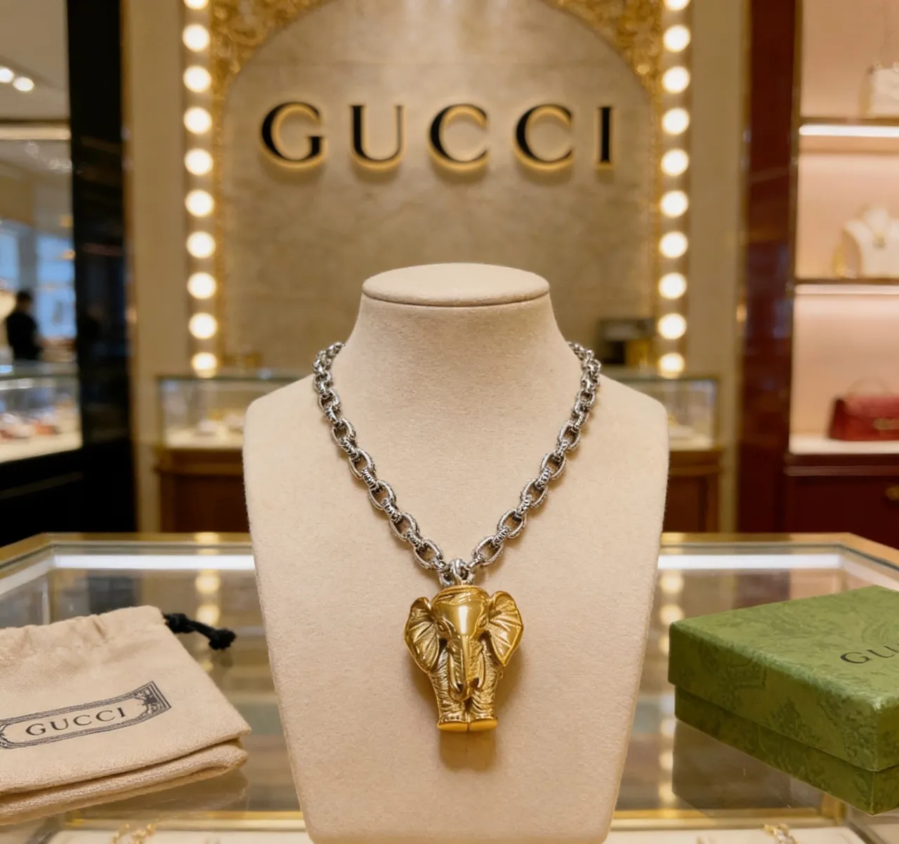 Gucci Silver Gold Sculpted Elephant Head Pendant Heavy Link Chain Necklace