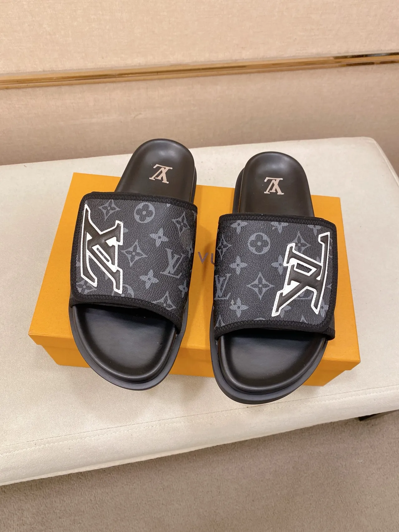 Louis Vuitton LV Slide Monogram Black Gray Slippers