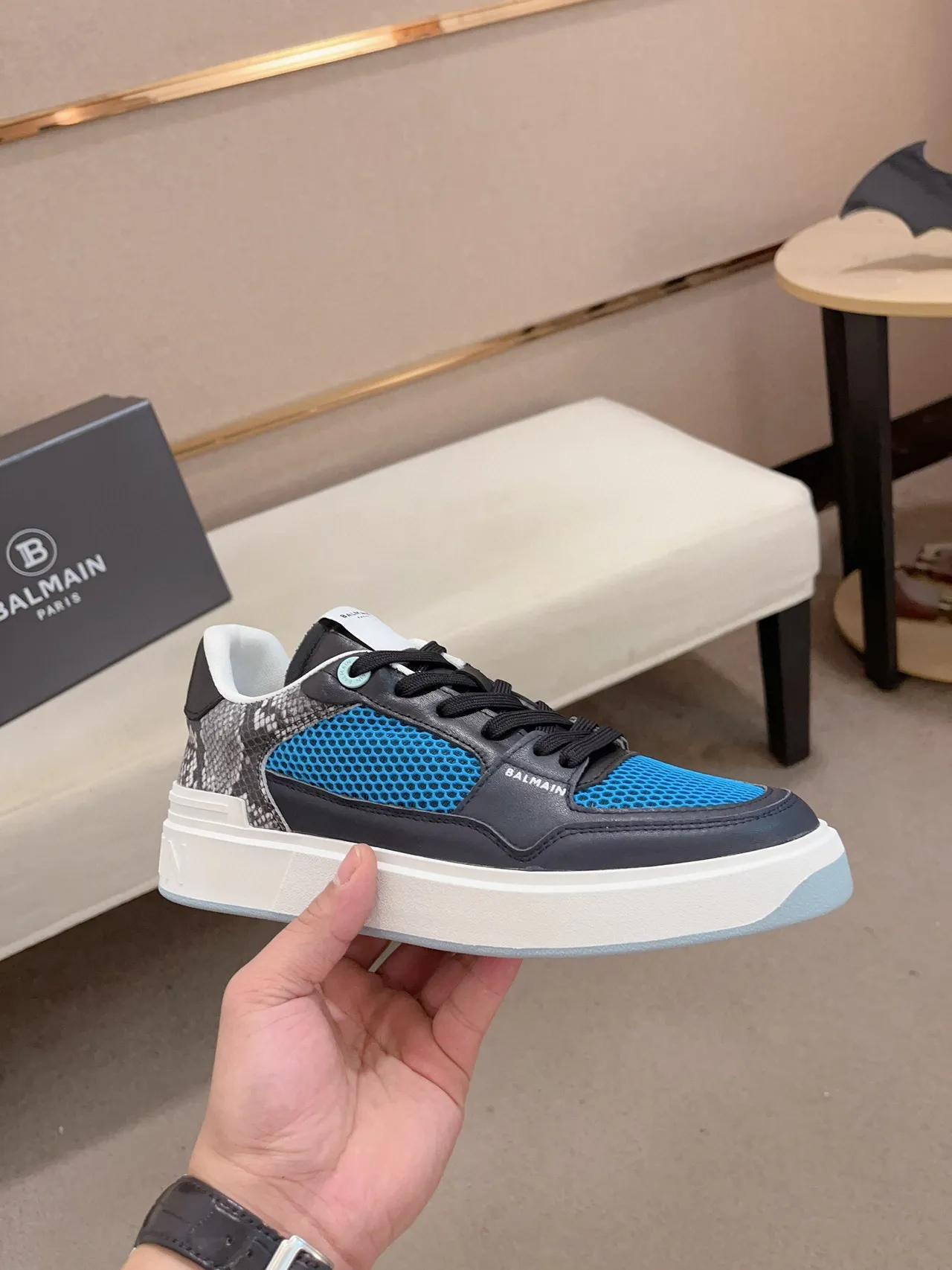 Balmain B-Court Blue Mesh and Black Leather Lifestyle Sneakers