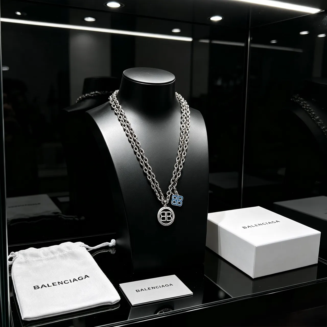 Balenciaga BB Necklace Silver Blue Chunky Curb Chain Double-B Logo Pendant Necklace
