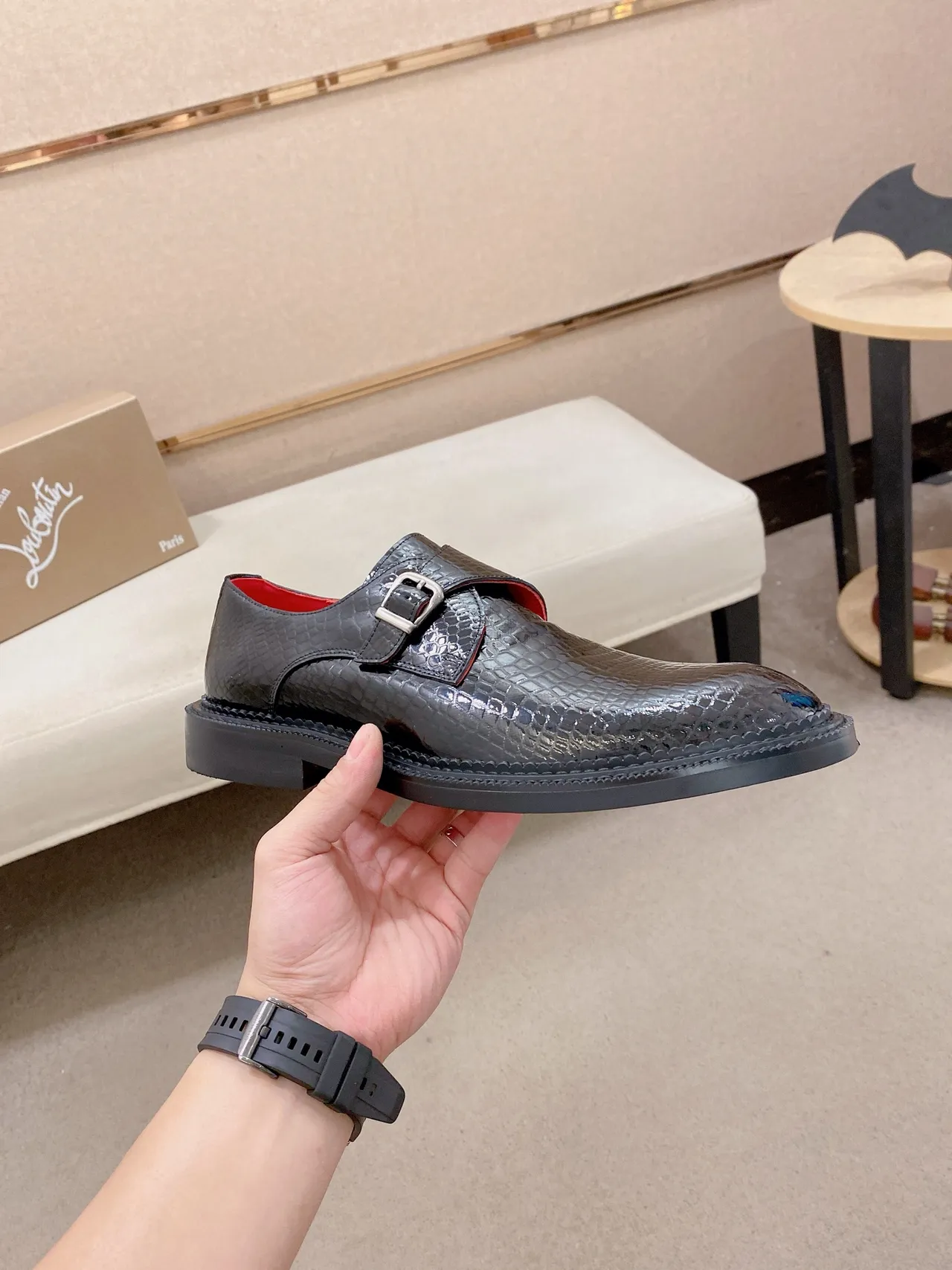 Black Croc-Embossed Single-Buckle Monk Shoe