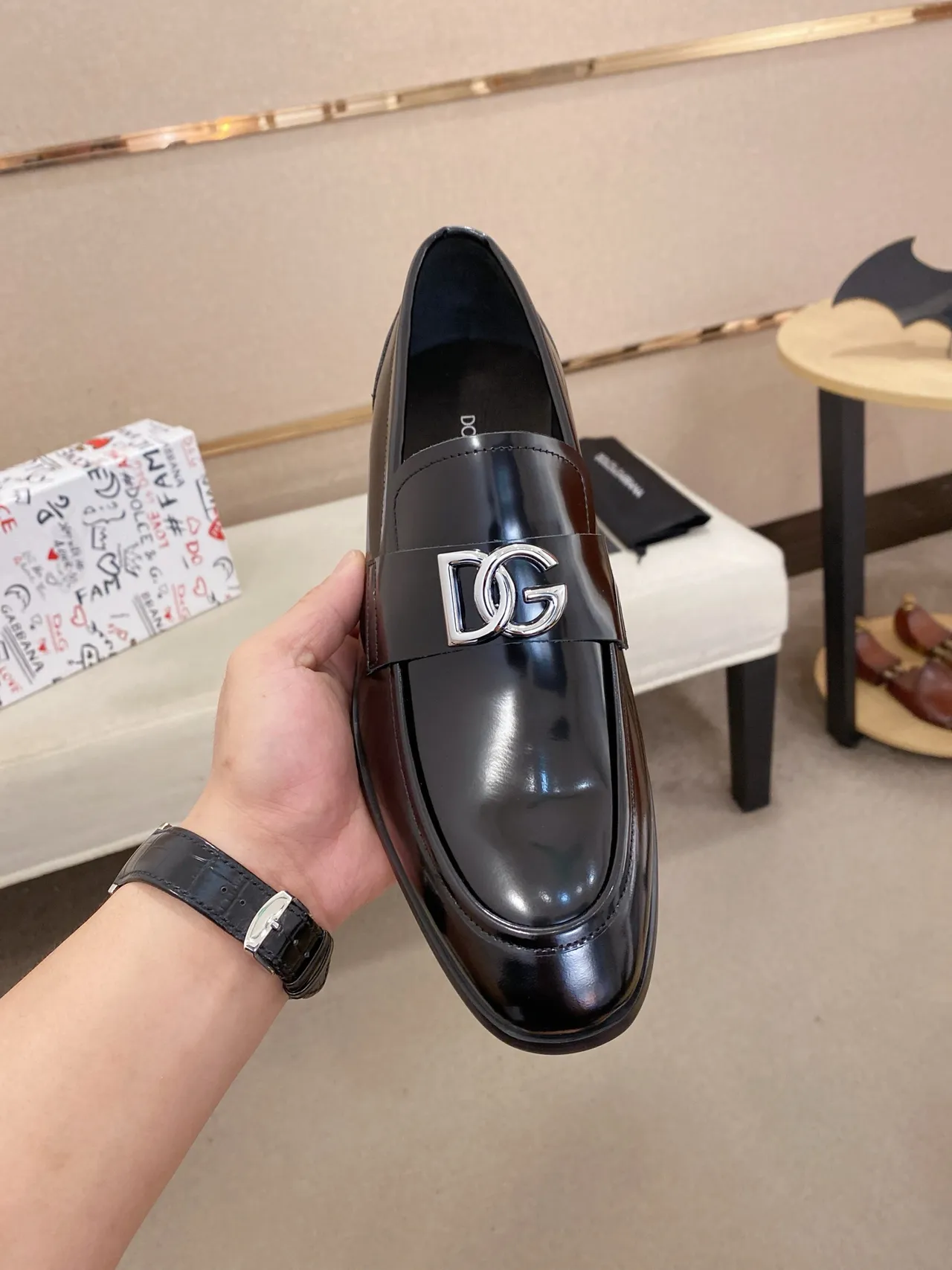 Dolce & Gabbana Black Red Polished Leather Metal DG Buckle Loafer