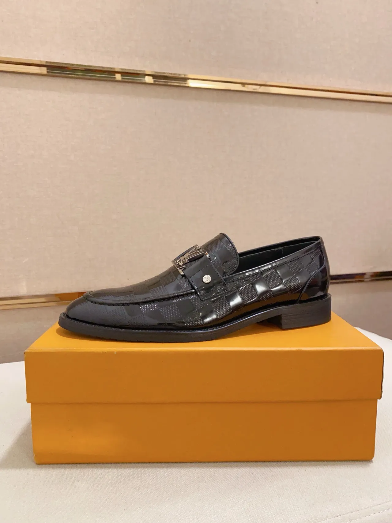 Louis Vuitton Black Patent Leather Damier Check Pattern Loafer