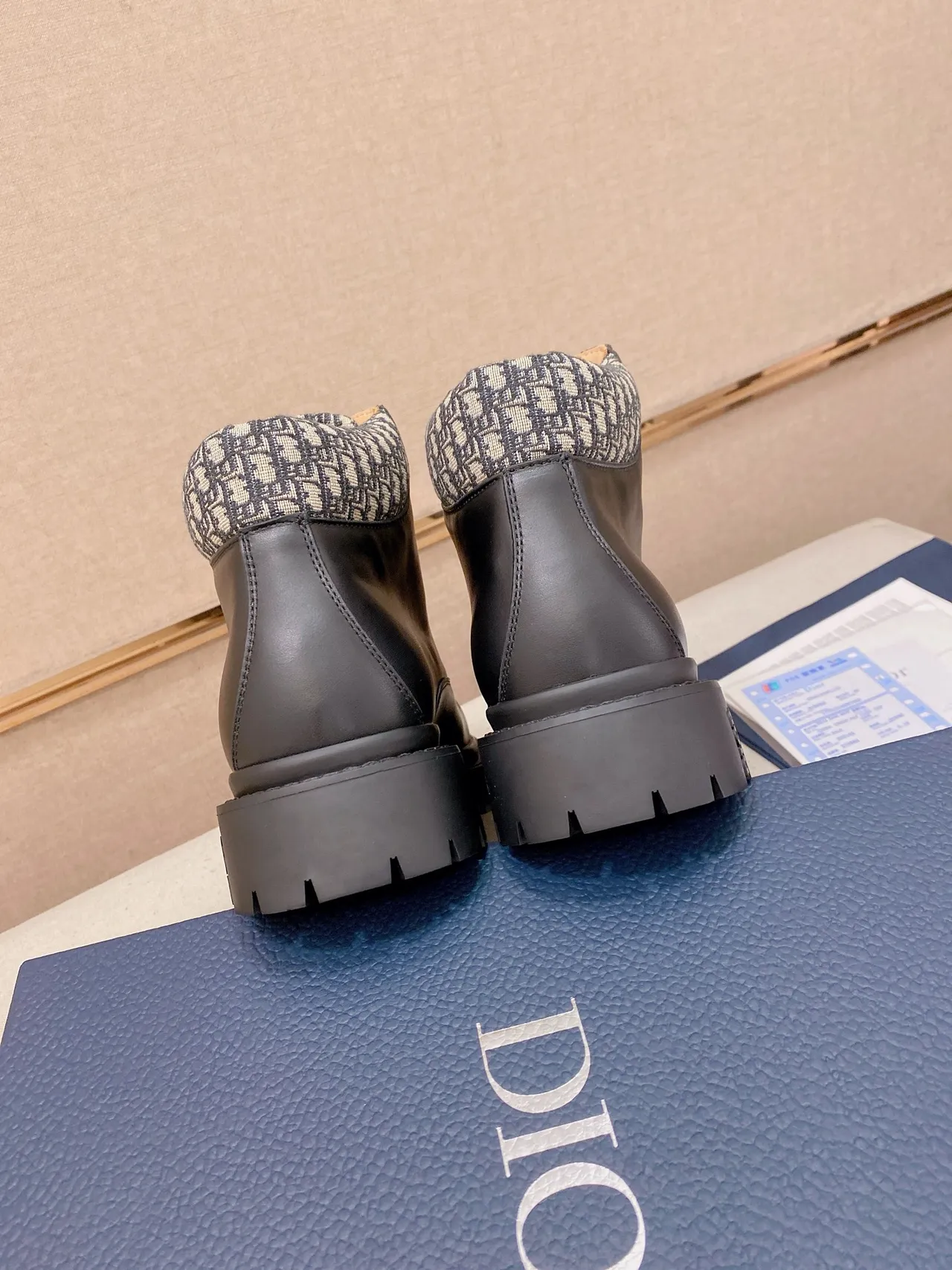Dior Black Beige Leather Upper Lug Sole Ankle Boots
