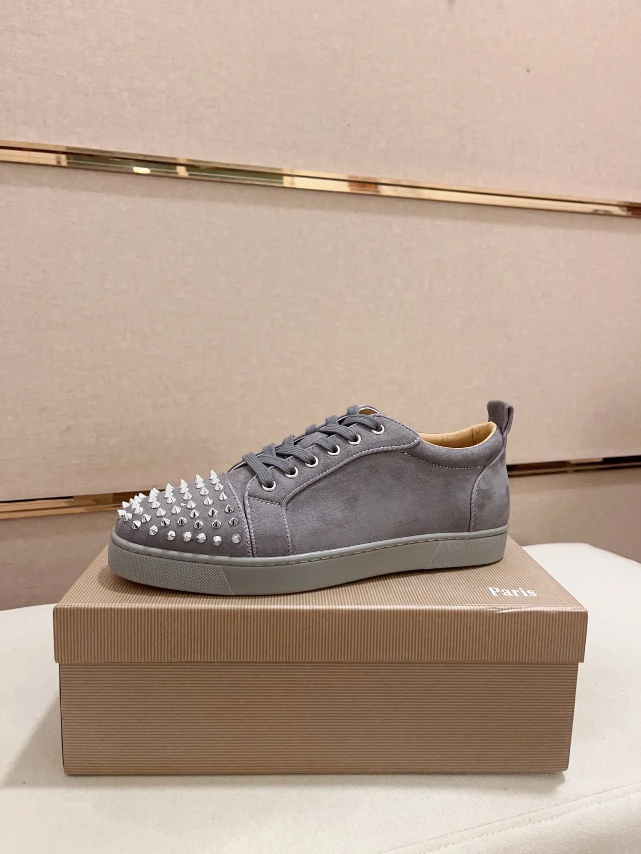 Christian Louboutin Gray Silver Suede Upper Spiked Toe Cap Lifestyle Sneakers