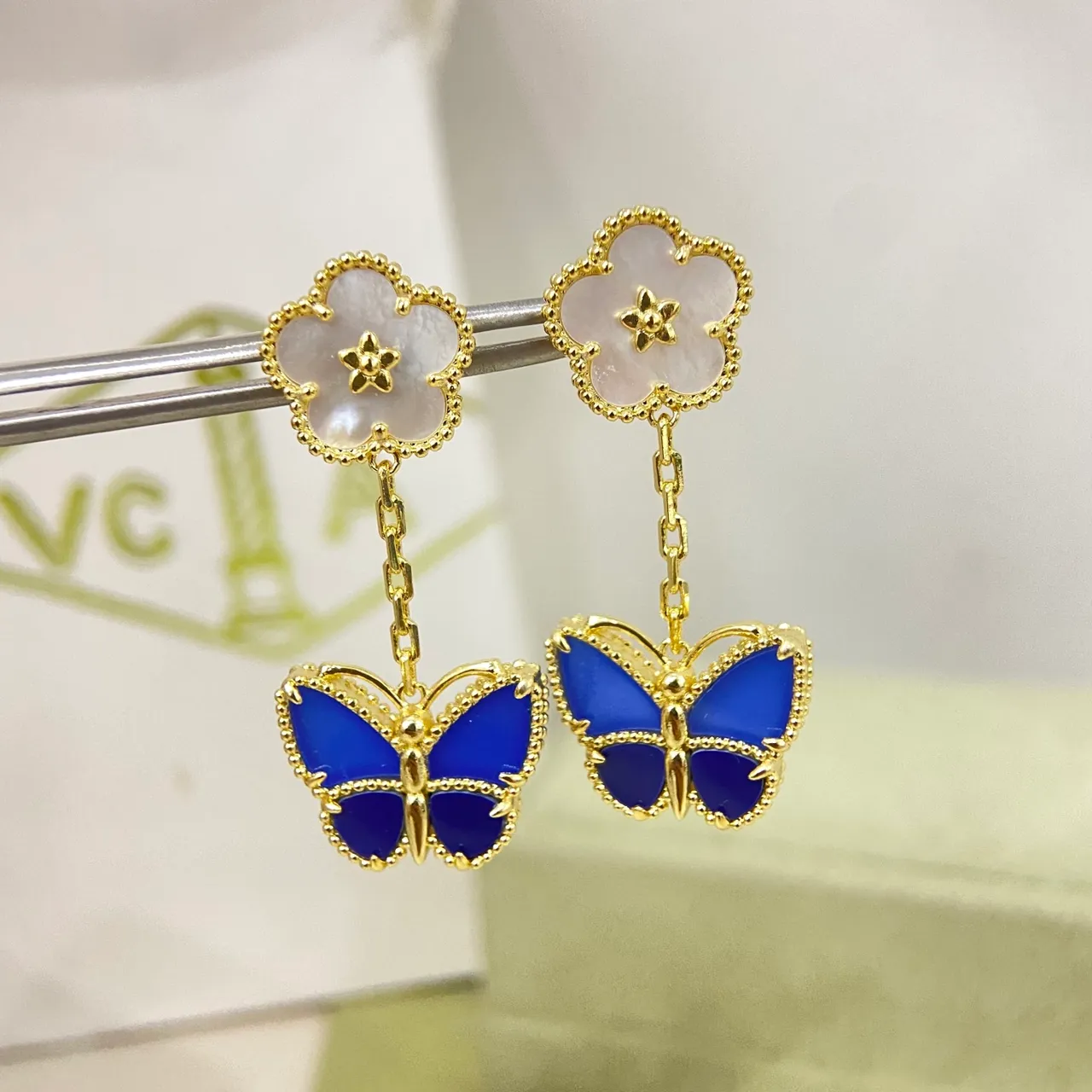 Gold Blue Beaded Edge Quatrefoil Floral Stud Earrings